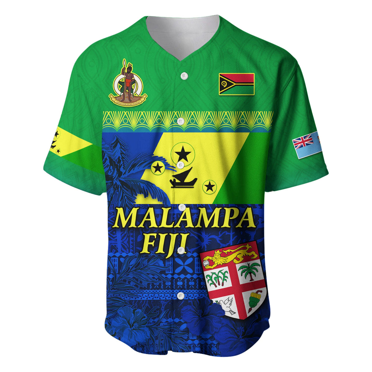 Malampa Fiji Day Baseball Jersey Vanuatu Polynesia mix Flowers LT13 Green - Polynesian Pride