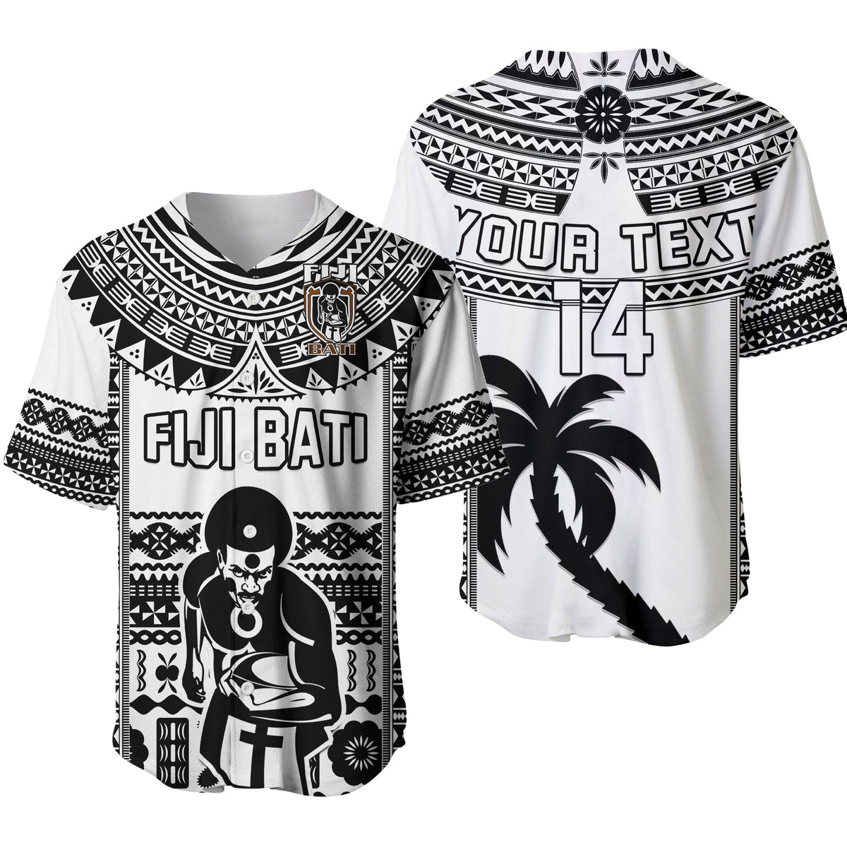 Custom Text And Number Fiji Rugby Baseball Jersey Pacific The Bati Black Fijian Tapa LT14 Black - Polynesian Pride