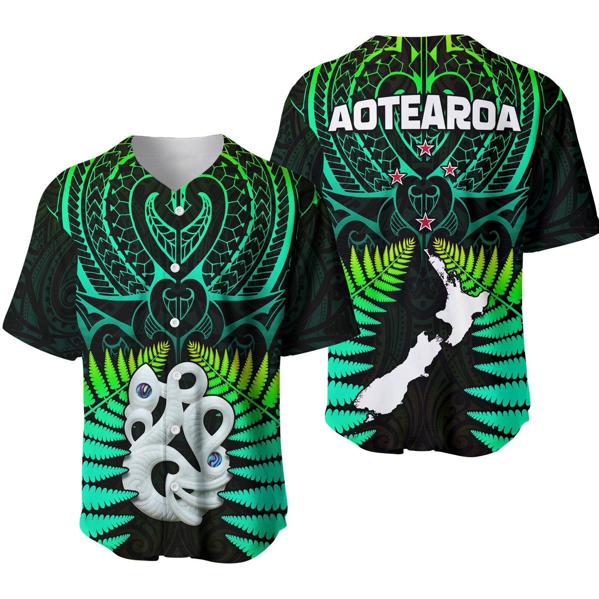 Aotearoa Fern Baseball Jersey New Zealand Hei Tiki Green Style LT13 Green - Polynesian Pride