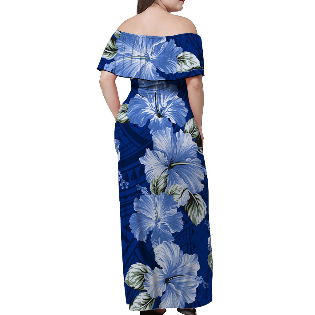 Samoa Off Shoulder Long Dress Hibiscus Unique Style - Blue LT7 - Polynesian Pride