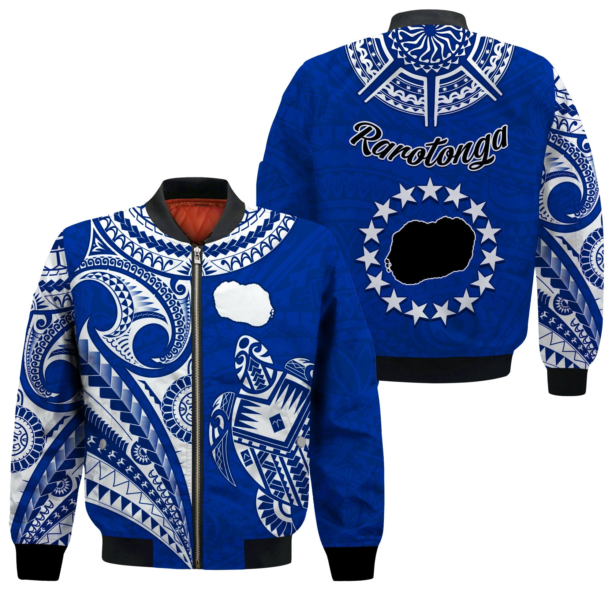Rarotonga Cook Islands Bomber Jacket Turtle and Map Style Blue LT13 Unisex Blue - Polynesian Pride