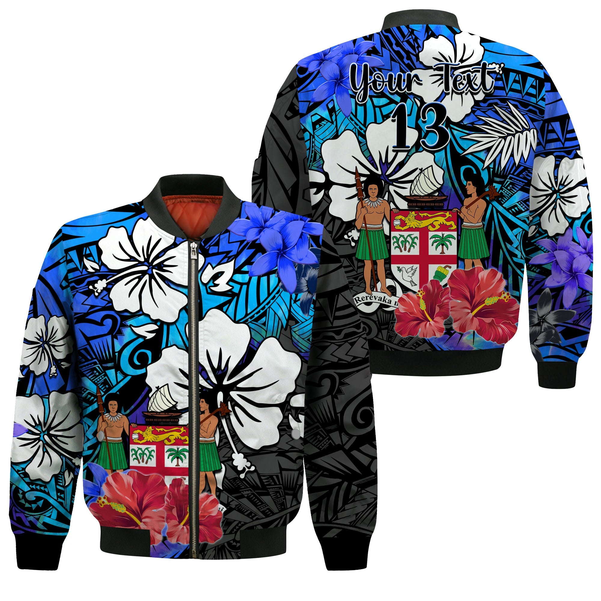 (Custom Text and Number) Fiji Tie Dye Bomber Jacket Polynesian Blue Tribal Creative Tropical Flowers LT13 Unisex Blue - Polynesian Pride