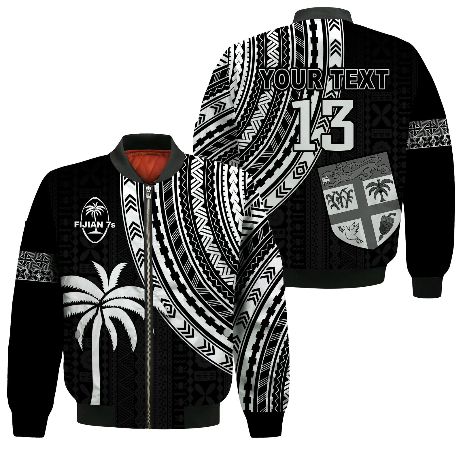 (Custom Text and Number) Fiji Rugby Sevens Bomber Jacket Fijian 7s Tapa Polynesian LT13 Unisex Black - Polynesian Pride