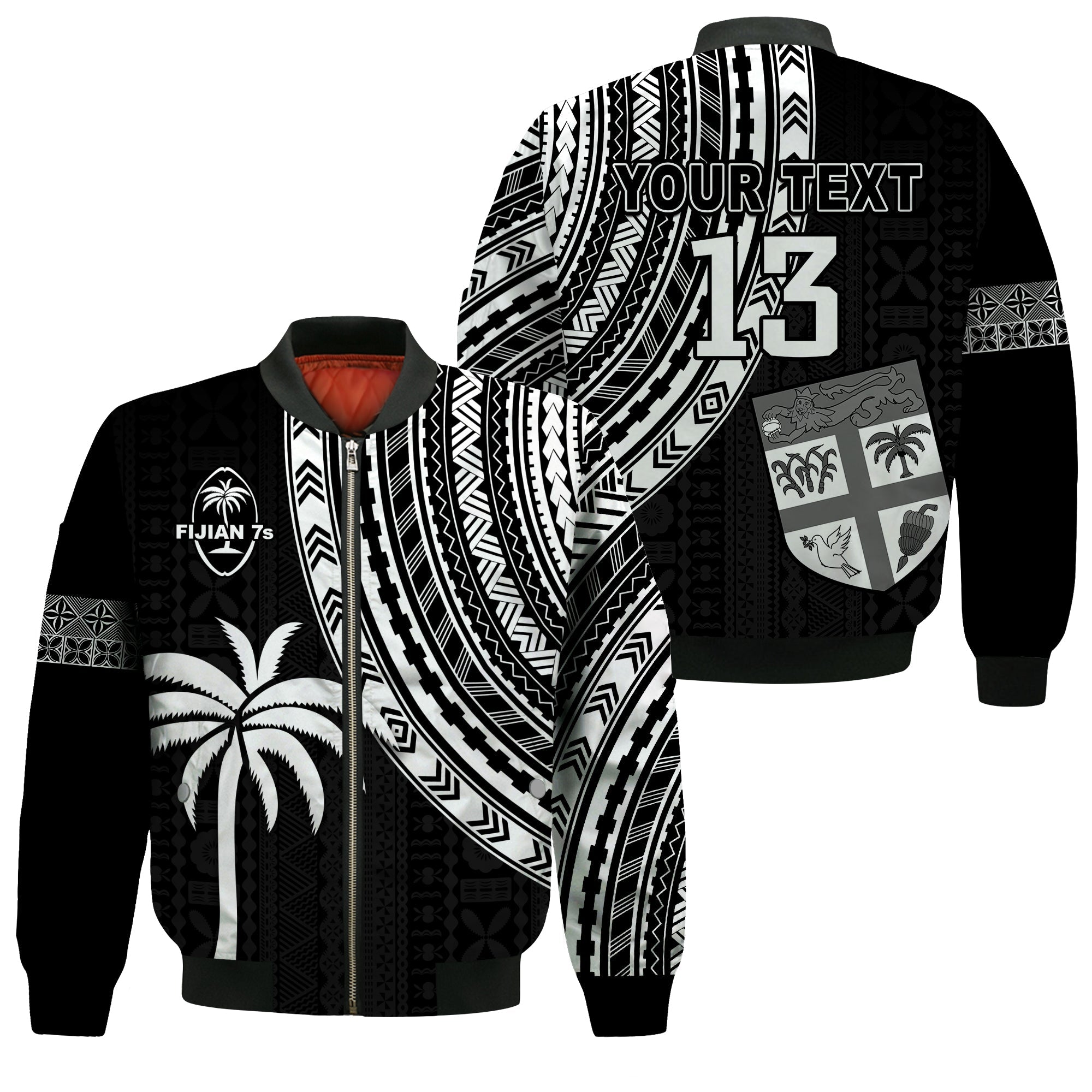 (Custom Text and Number) Fiji Rugby Sevens Bomber Jacket Fijian 7s Tapa Polynesian LT13 Unisex Black - Polynesian Pride