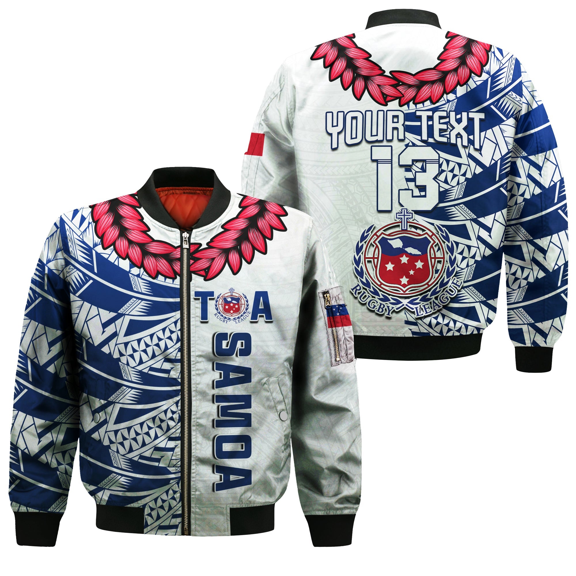 (Custom Text and Number) Toa Samoa Rugby Bomber Jacket Siamupini Ula Fala White LT13 Unisex White - Polynesian Pride