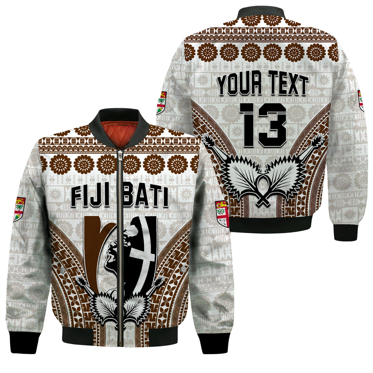 Custom Text and Number Fiji Rugby Bati Bomber Jacket Proud Tapa Pattern LT13 Unisex White - Polynesian Pride