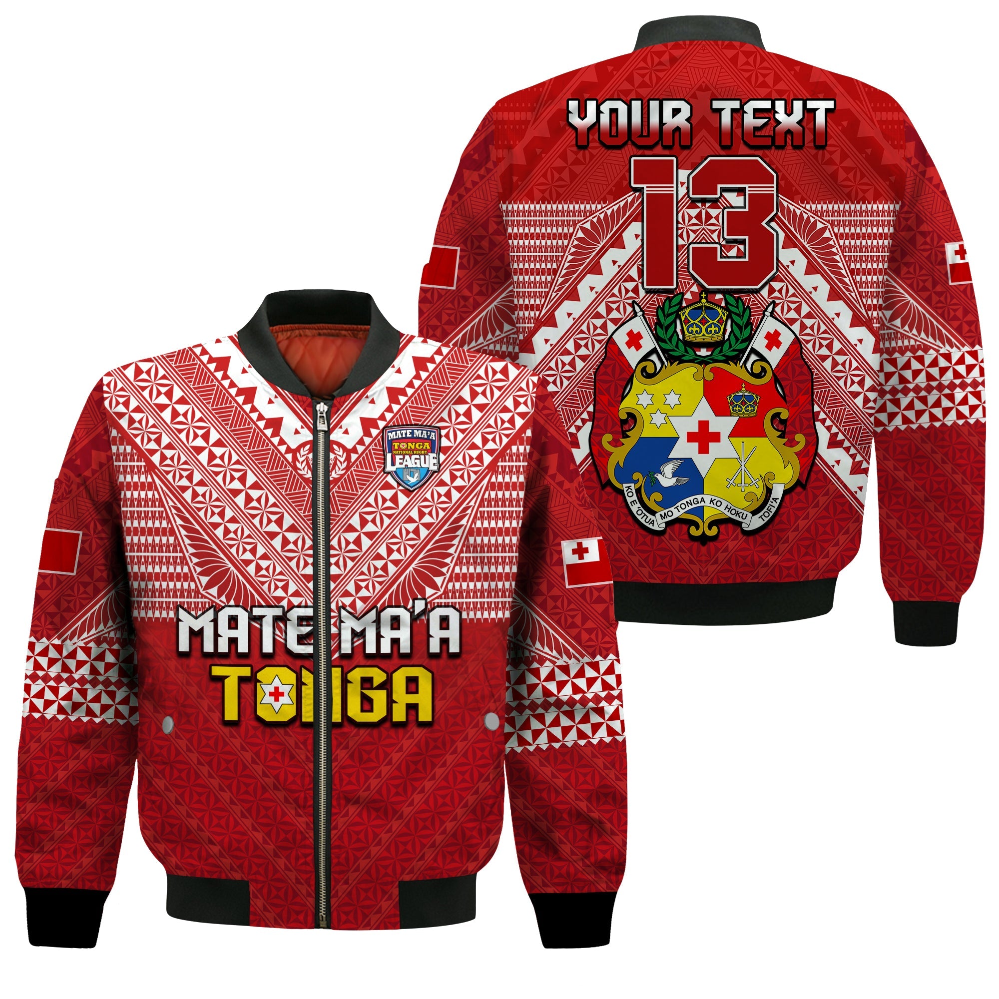 (Custom Text and Number) Tonga Rugby MMT Bomber Jacket Ngatu Mate Maa Tonga Special LT13 Unisex Red - Polynesian Pride