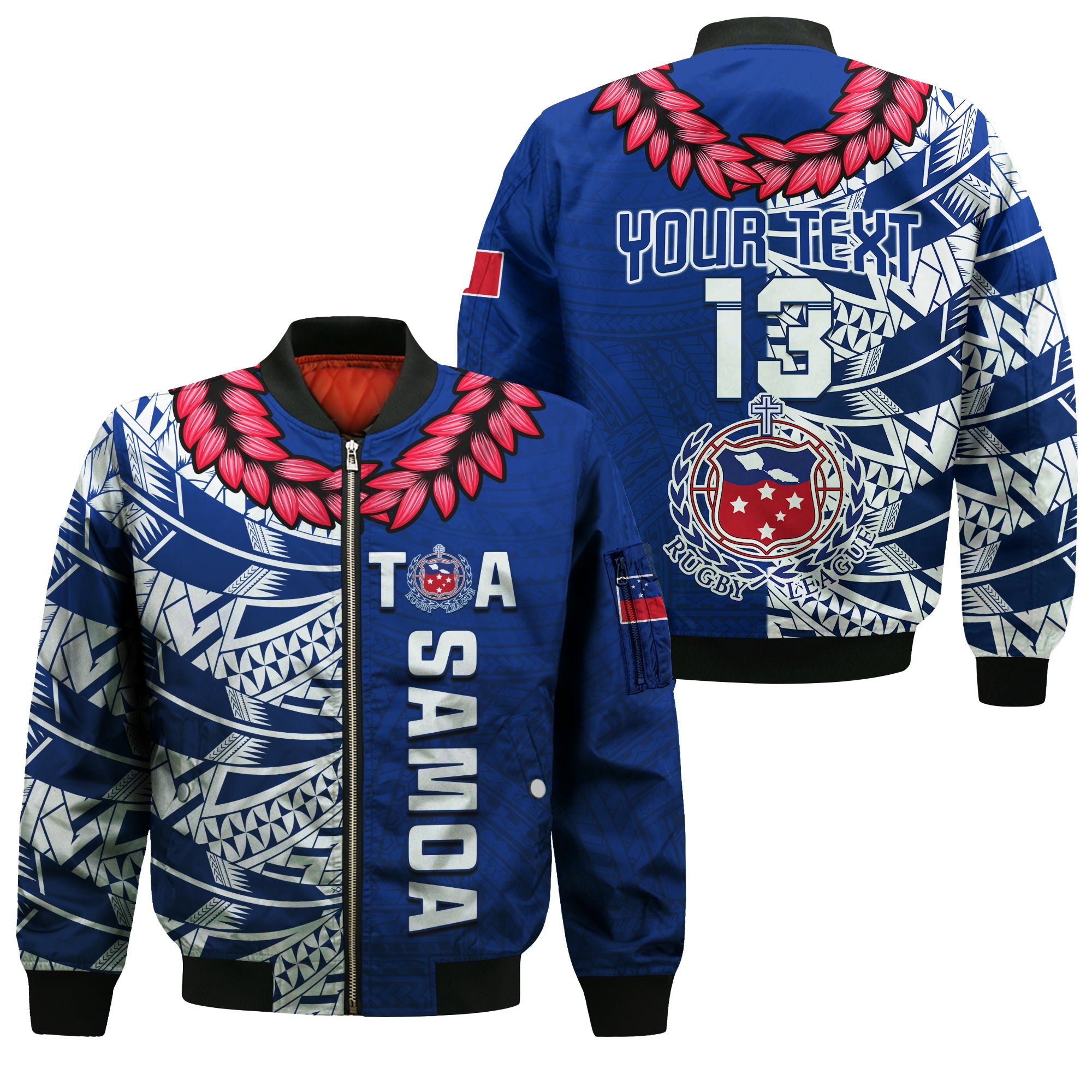 (Custom Text and Number) Toa Samoa Rugby Bomber Jacket Siamupini Ula Fala Blue LT13 Unisex Blue - Polynesian Pride