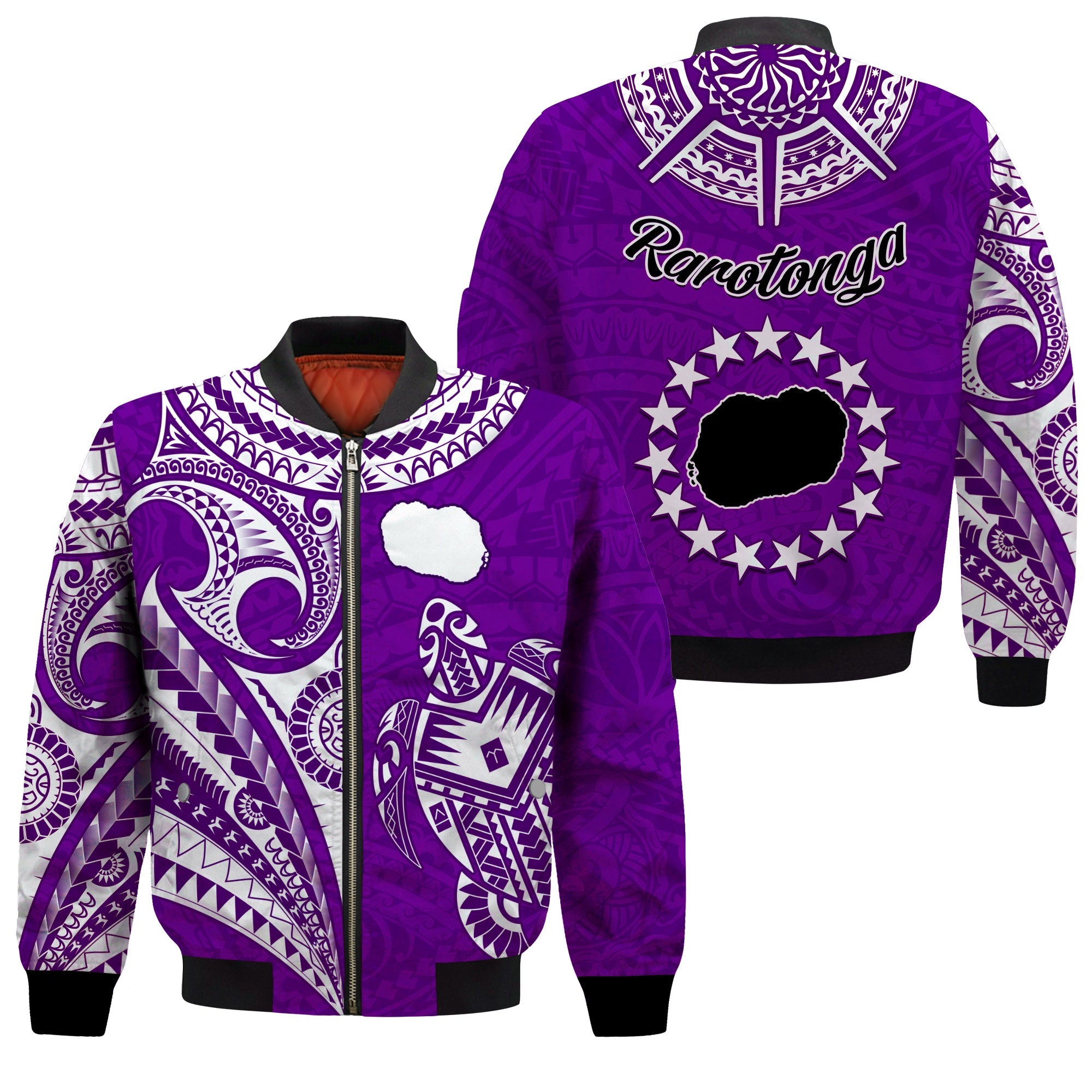 Rarotonga Cook Islands Bomber Jacket Turtle and Map Style Purple LT13 Unisex Purple - Polynesian Pride