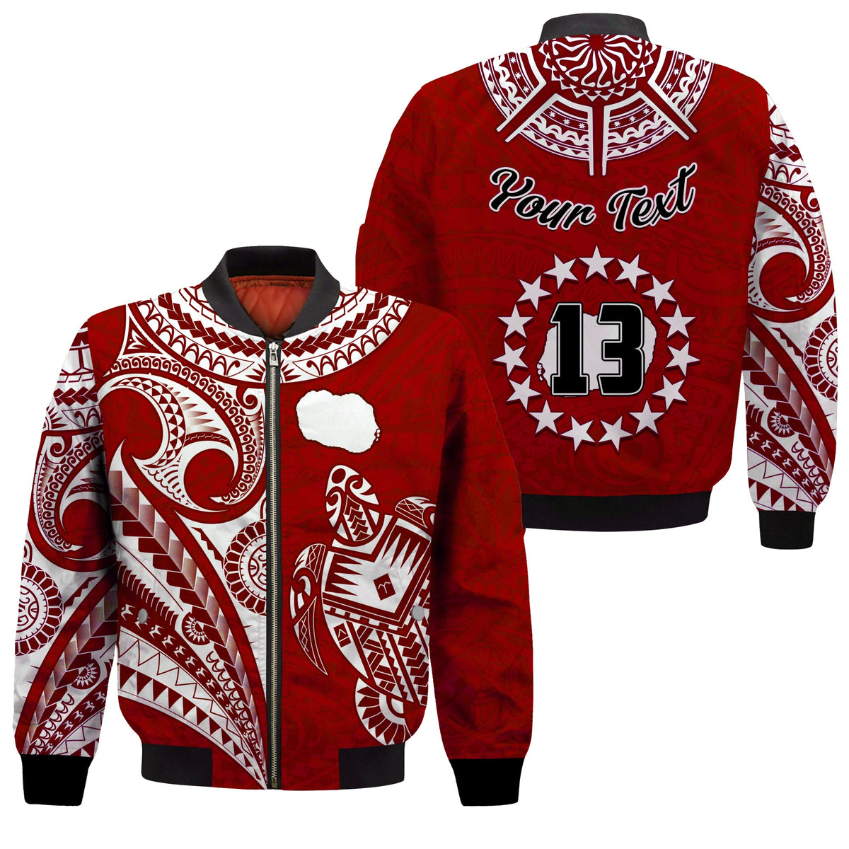 (Custom Text and Number) Rarotonga Cook Islands Bomber Jacket Turtle and Map Style Red LT13 Unisex Red - Polynesian Pride