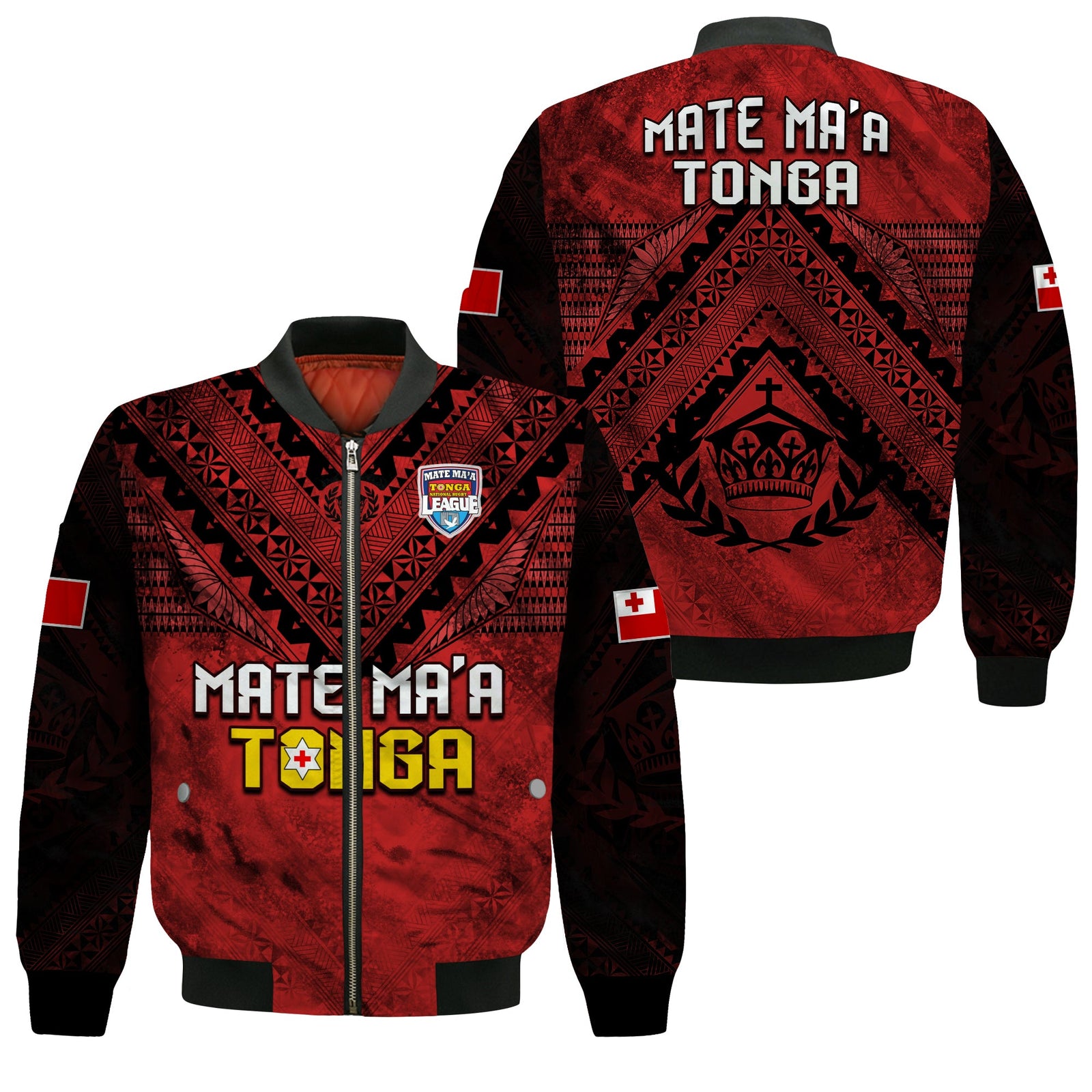 Tonga Rugby MMT Bomber Jacket Ngatu Mate Maa Tonga Grunge LT13 Unisex Red - Polynesian Pride