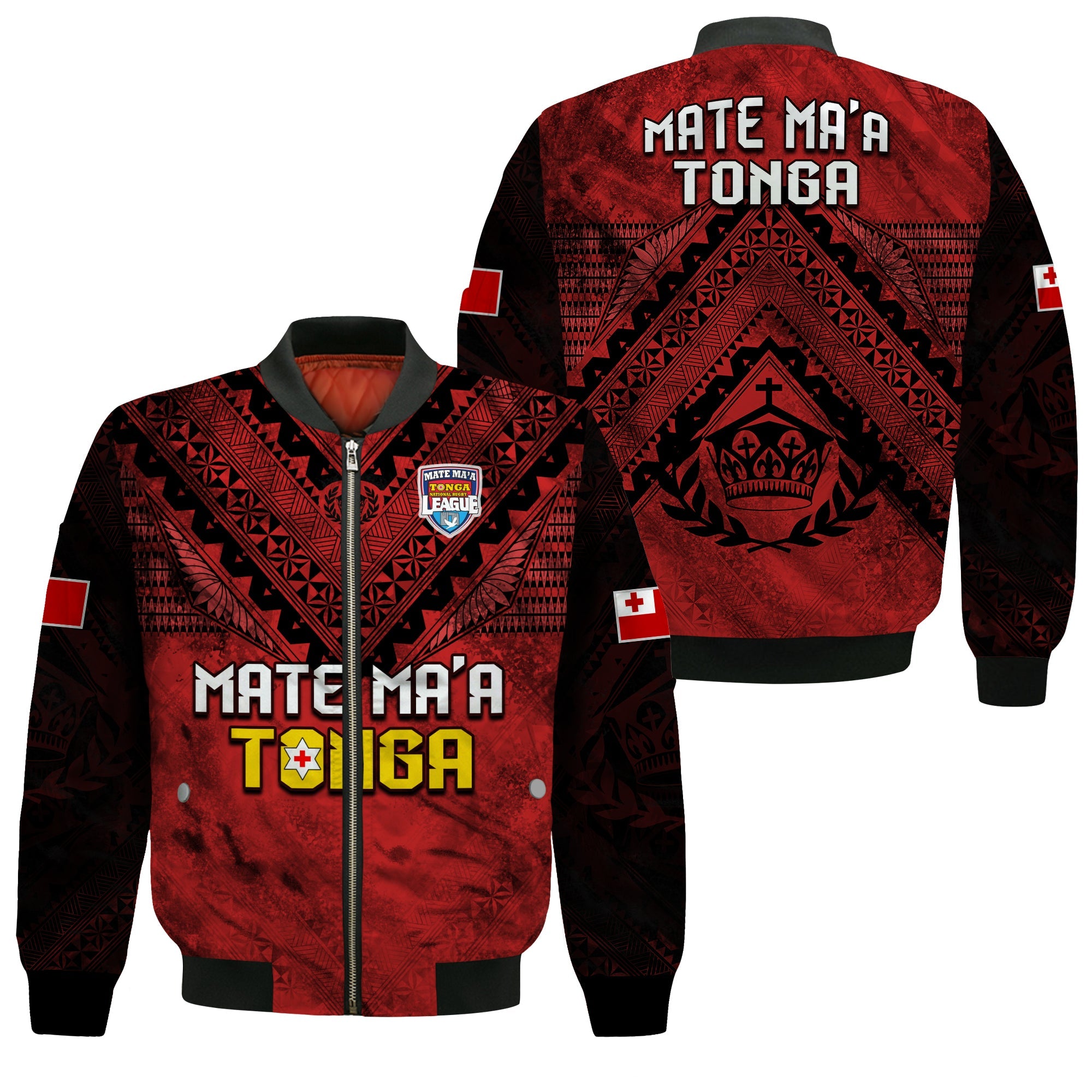Tonga Rugby MMT Bomber Jacket Ngatu Mate Maa Tonga Grunge LT13 Unisex Red - Polynesian Pride