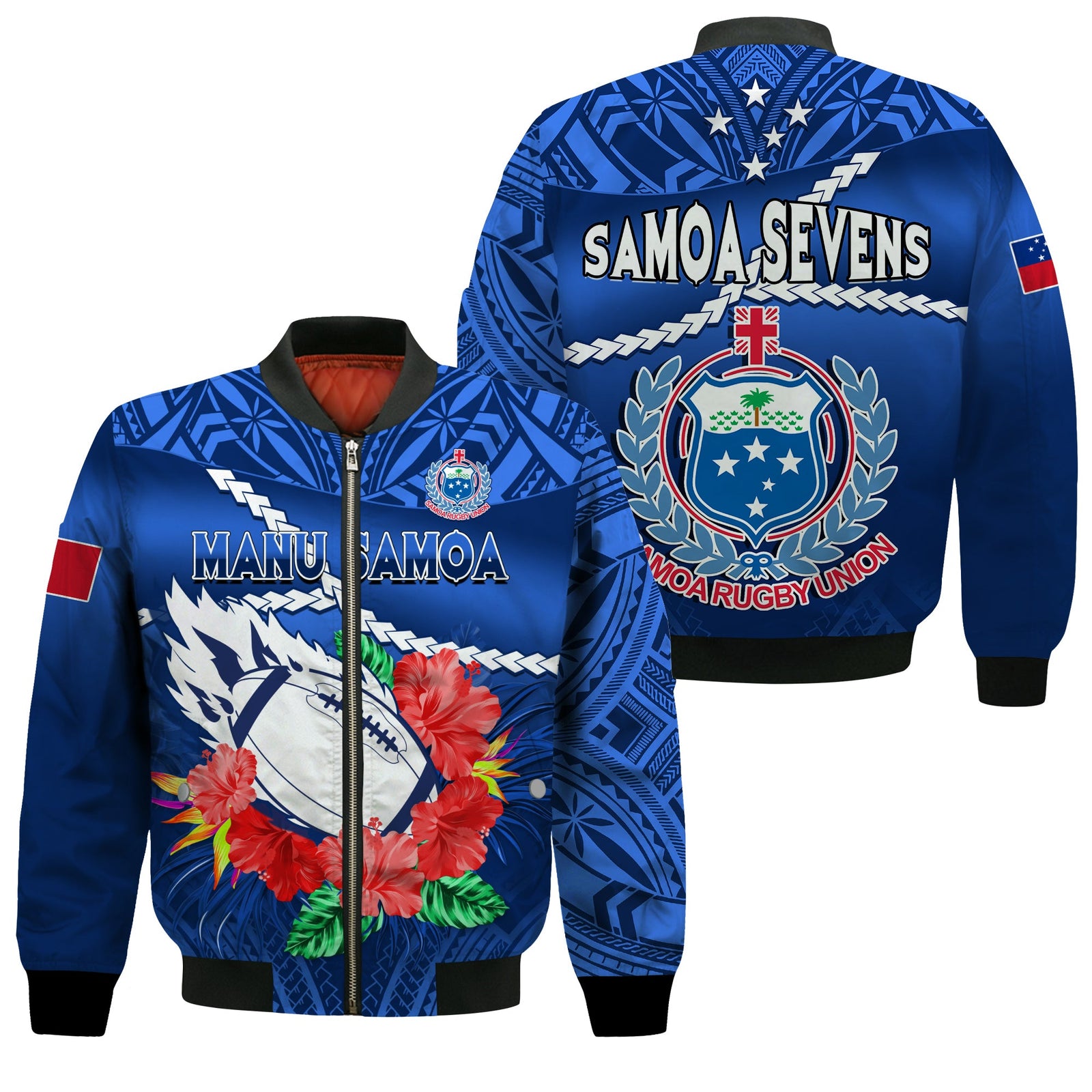 Samoa Rugby Bomber Jacket Manu Samoa Polynesian Hibiscus Blue Style LT14 Unisex Blue - Polynesian Pride