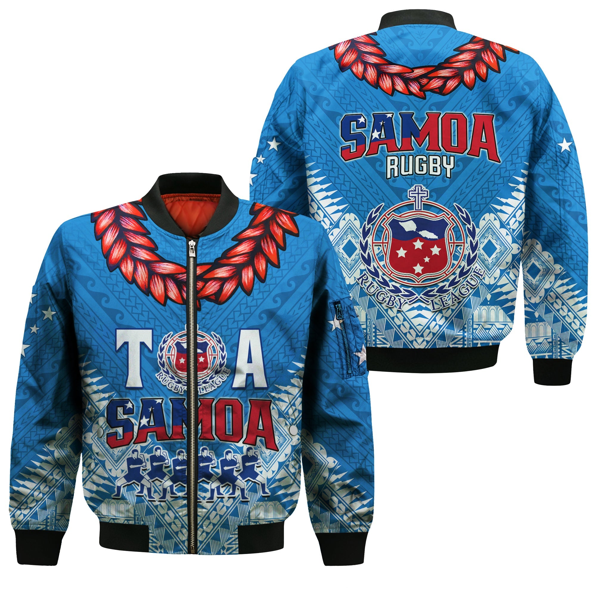 Toa Samoa Rugby Bomber Jacket Manu Siva Tau Style Ulafala LT13 Unisex Blue - Polynesian Pride