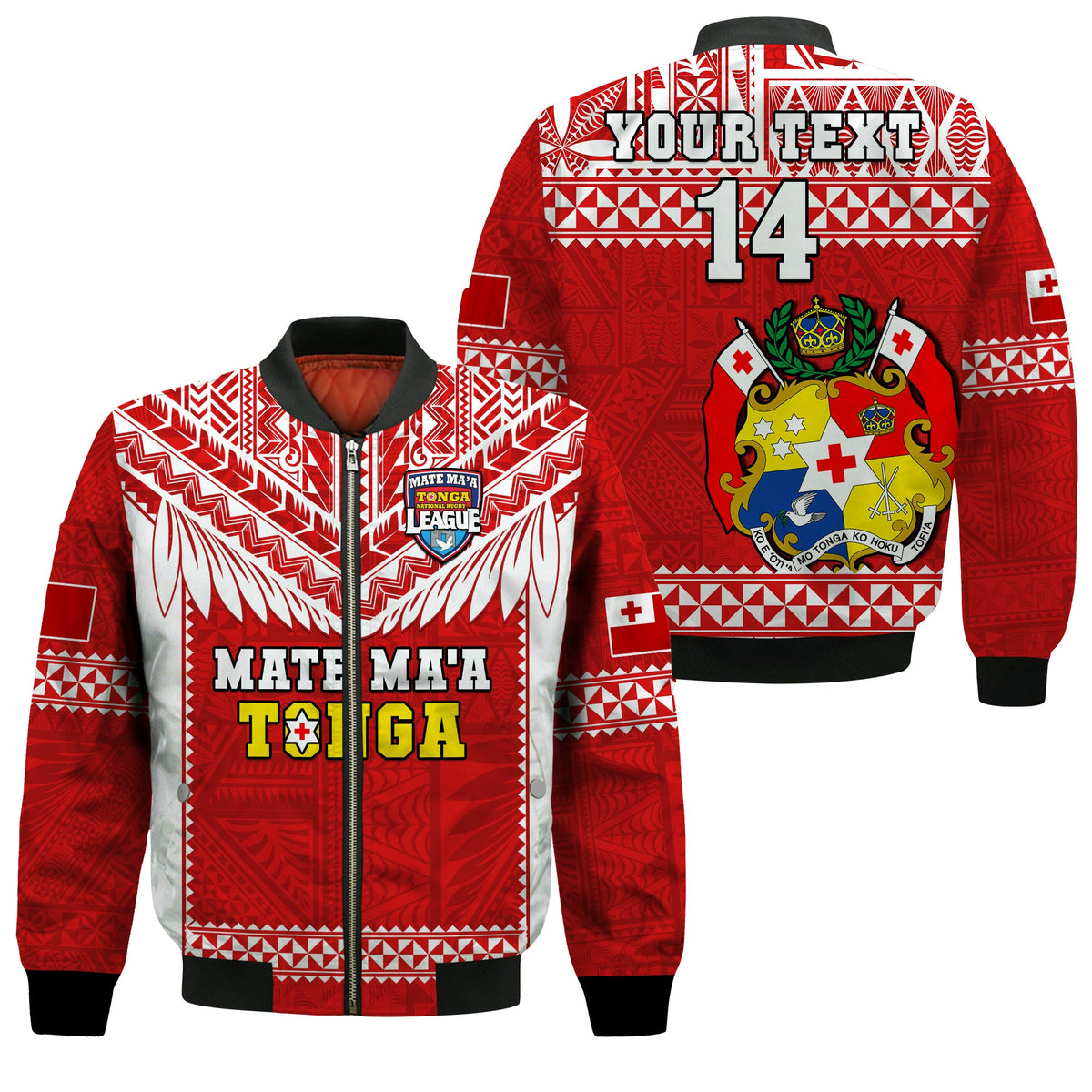 (Custom Text And Number) Tonga Rugby Bomber Jacket Mate Maa Tonga Pacific Ngatu White LT14 Unisex Red - Polynesian Pride