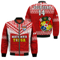 (Custom Text And Number) Tonga Rugby Bomber Jacket Mate Maa Tonga Pacific Ngatu White LT14 Unisex Red - Polynesian Pride