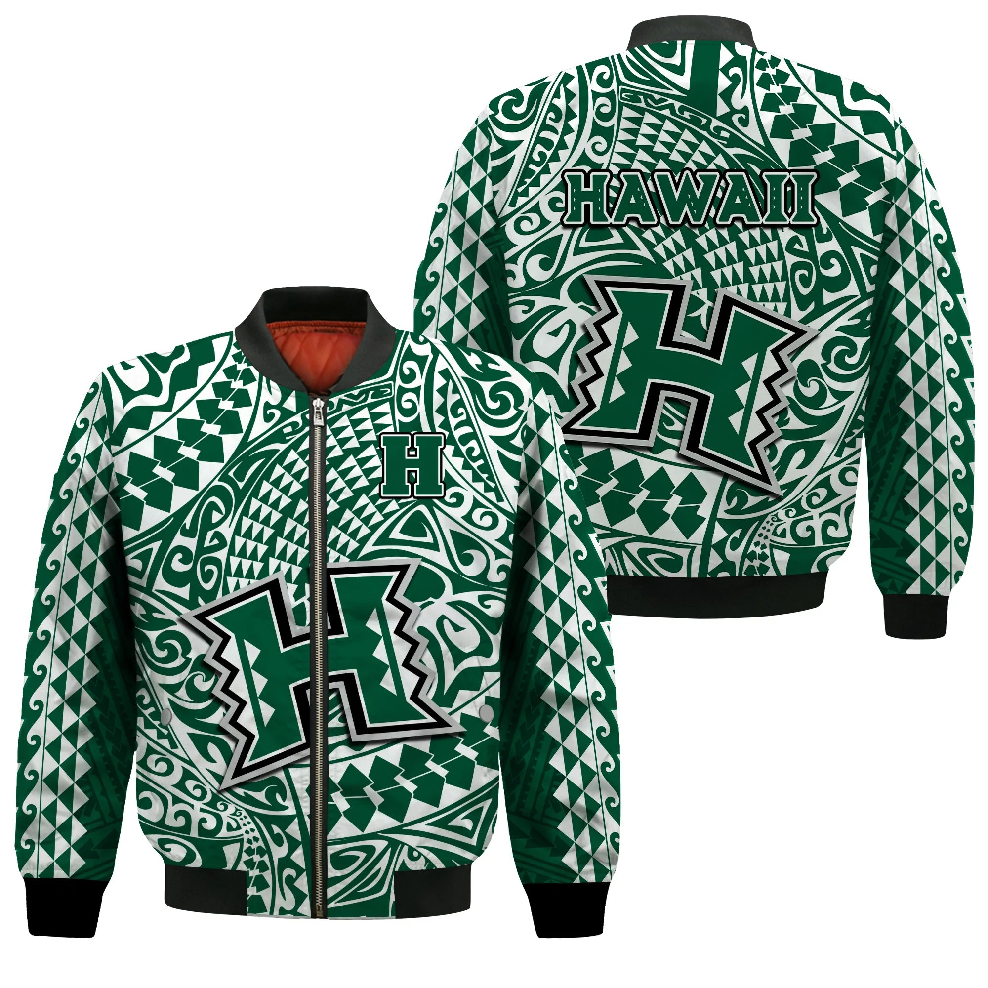 Hawaii Football Bomber Jacket Rainbow Warriors Tribal Kakau LT14 Unisex Green - Polynesian Pride