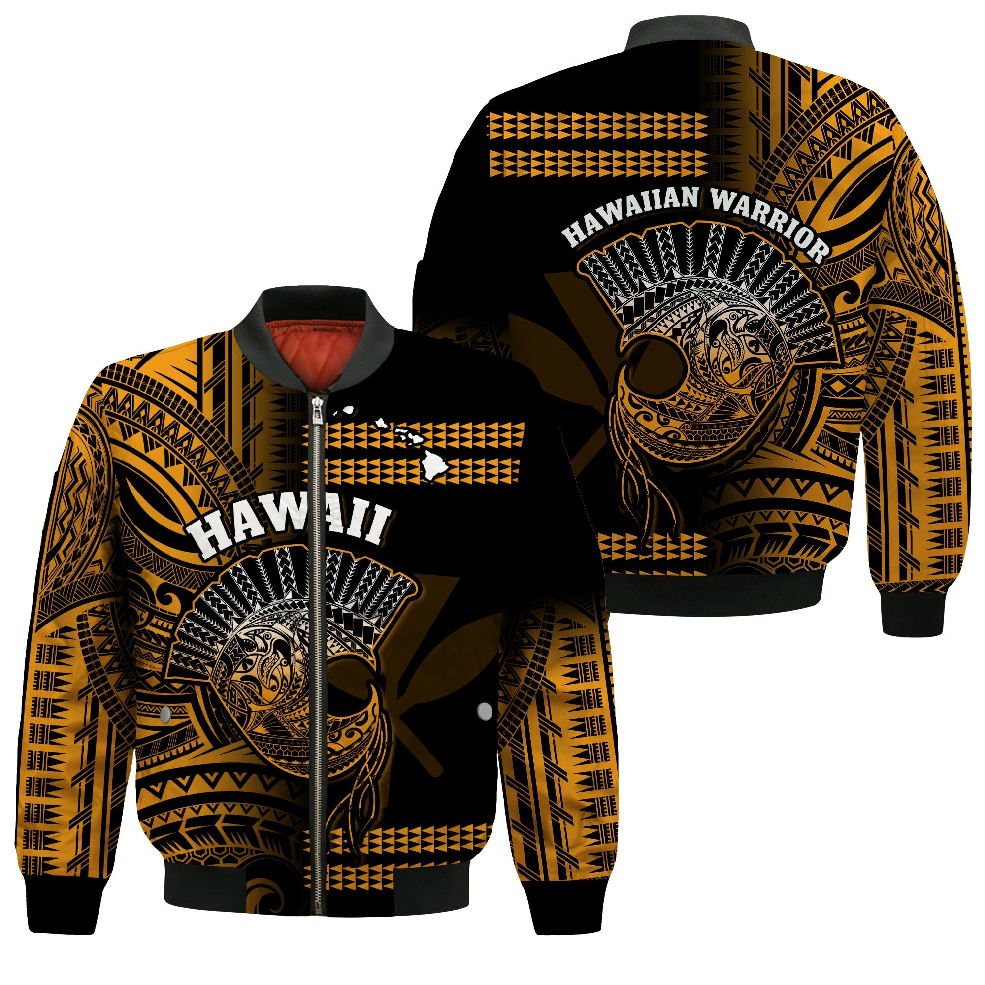 Hawaii Bomber Jacket Kakau Warrior Helmet Gradient Gold Polynesian LT14 Unisex Gold - Polynesian Pride