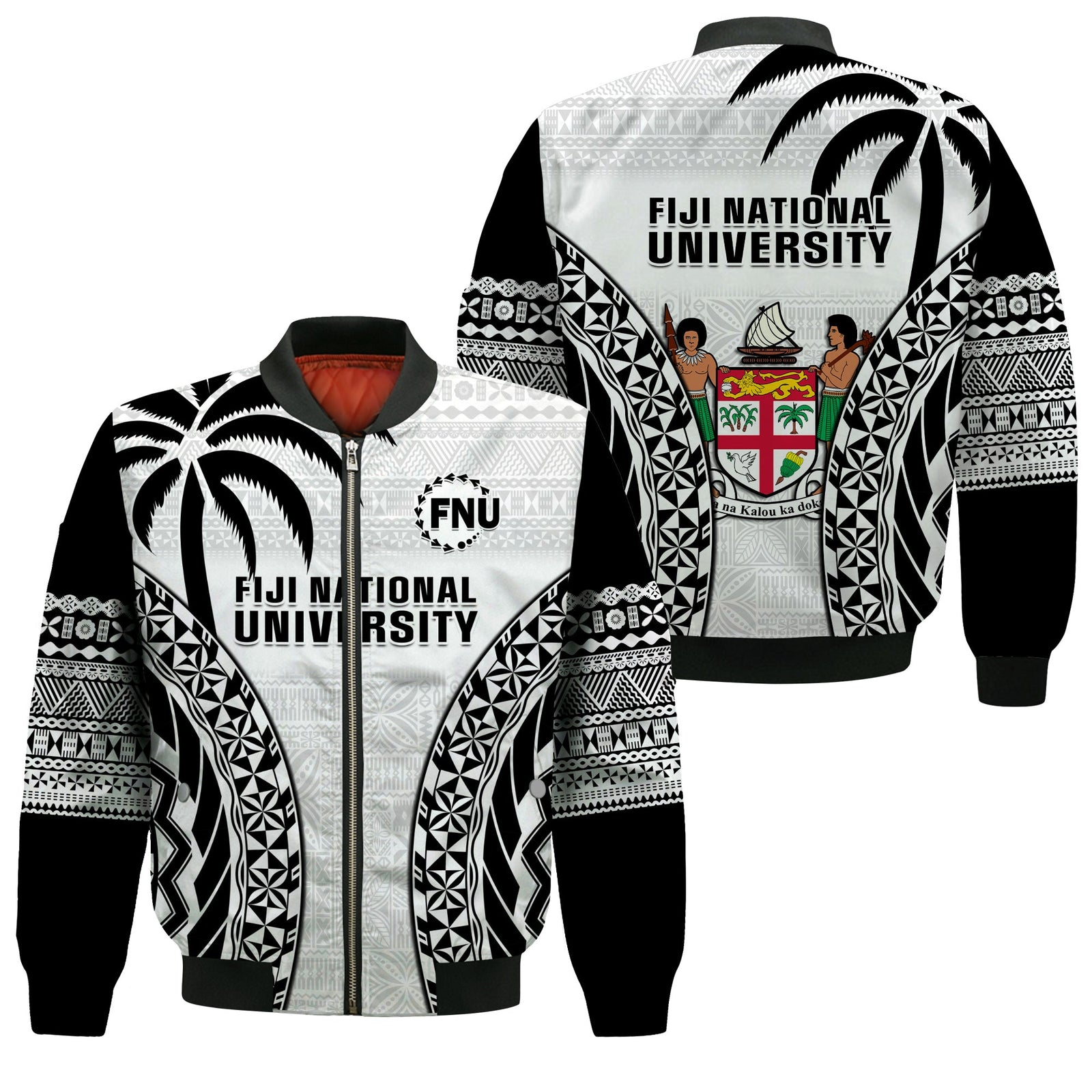 Fiji University Bomber Jacket National Fijian Tapa Pattern White LT14 Unisex White - Polynesian Pride