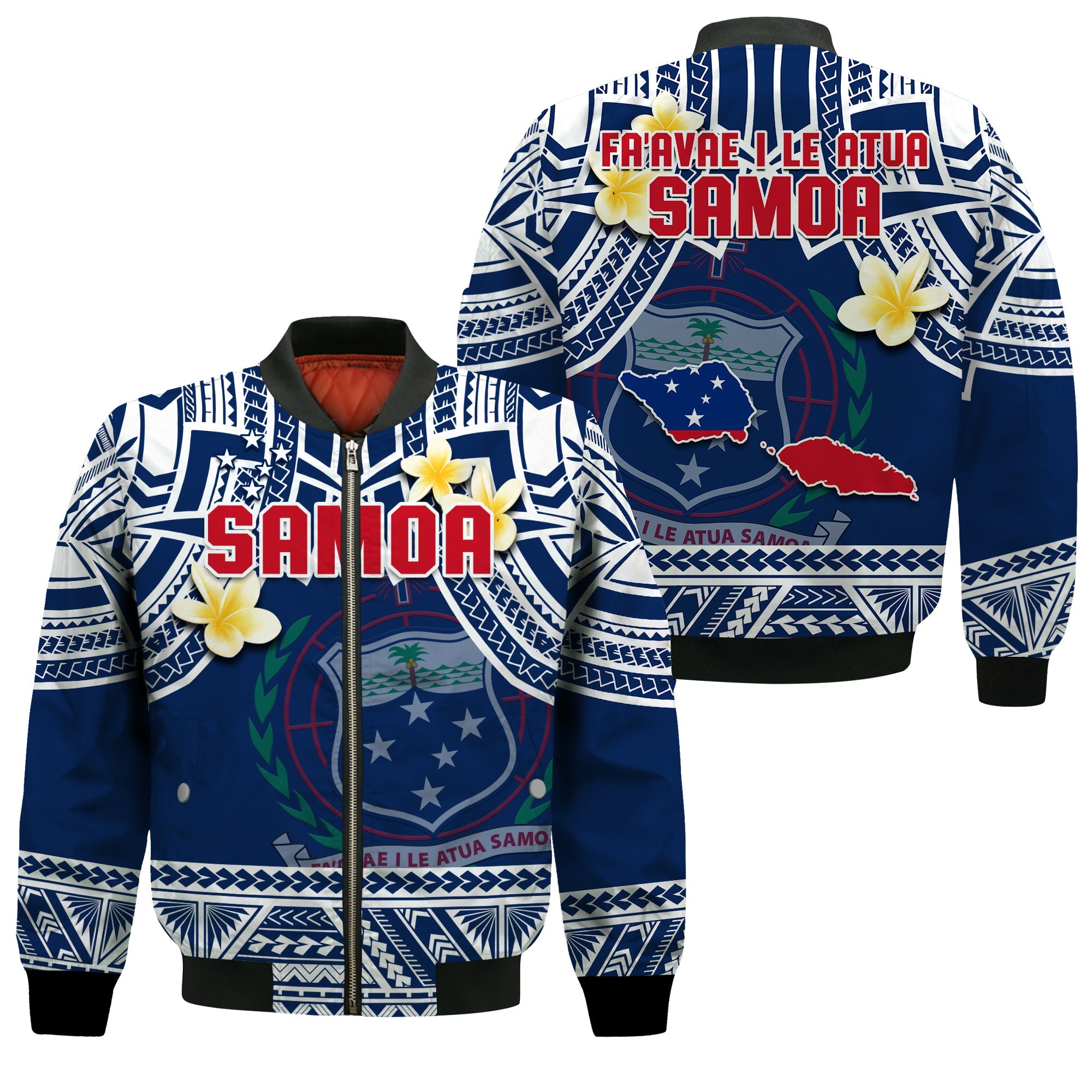 Samoa Bomber Jacket Samoan Plumeria Flowers Mix Polynesian Pattern LT14 Unisex Blue - Polynesian Pride