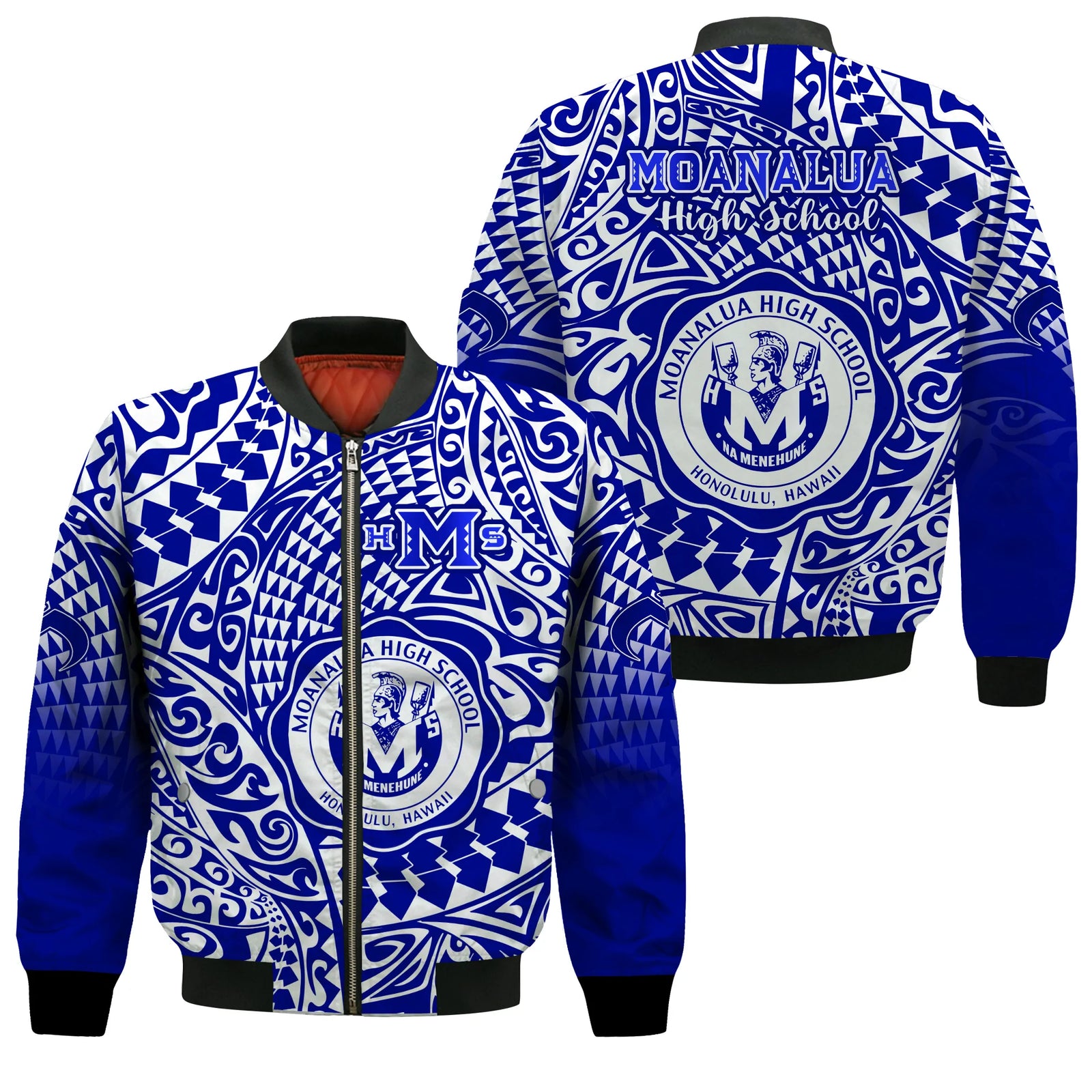 Hawaii Bomber Jacket Moanalua High School Tribal Kakau LT14 Unisex Blue - Polynesian Pride