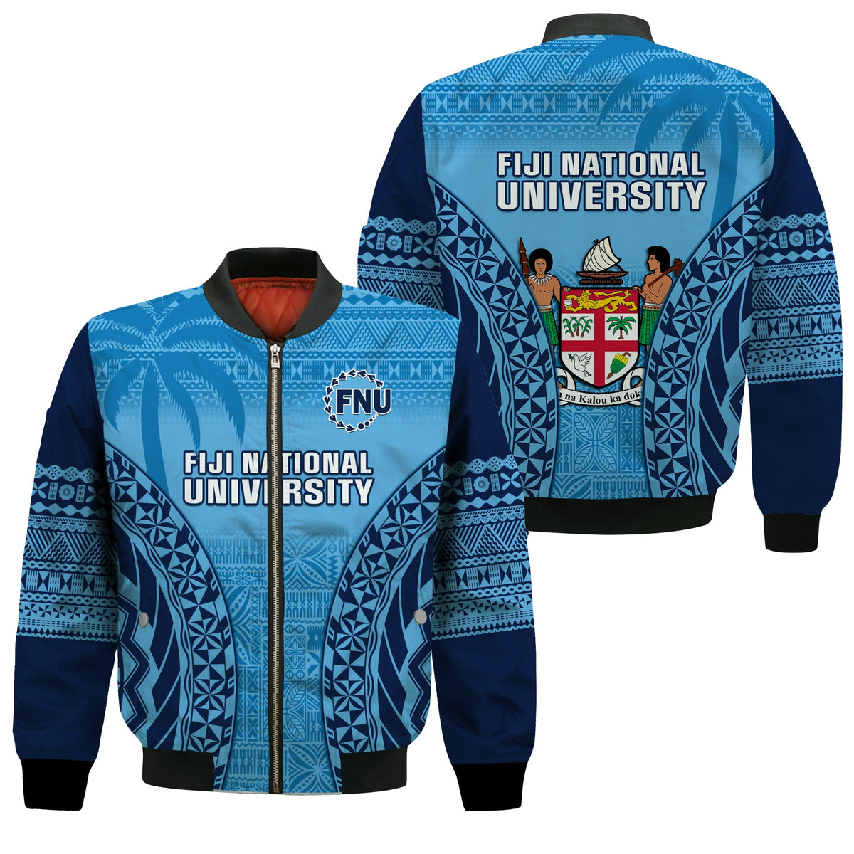 Fiji University Bomber Jacket National Fijian Tapa Pattern Blue LT14 Unisex Blue - Polynesian Pride