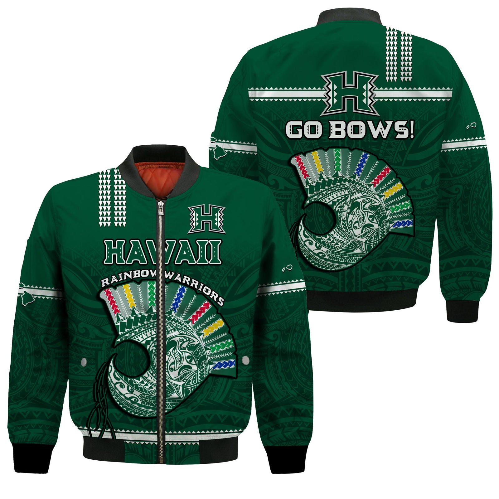 Hawaii Football Bomber Jacket Kakau Rainbow Warriors Helmet Go Bows LT14 Unisex Green - Polynesian Pride