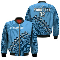 (Custom Text And Number) Fiji Tapa Rugby Bomber Jacket Fijian Cibi Dance Tapa Pattern Blue LT14 Unisex Blue - Polynesian Pride