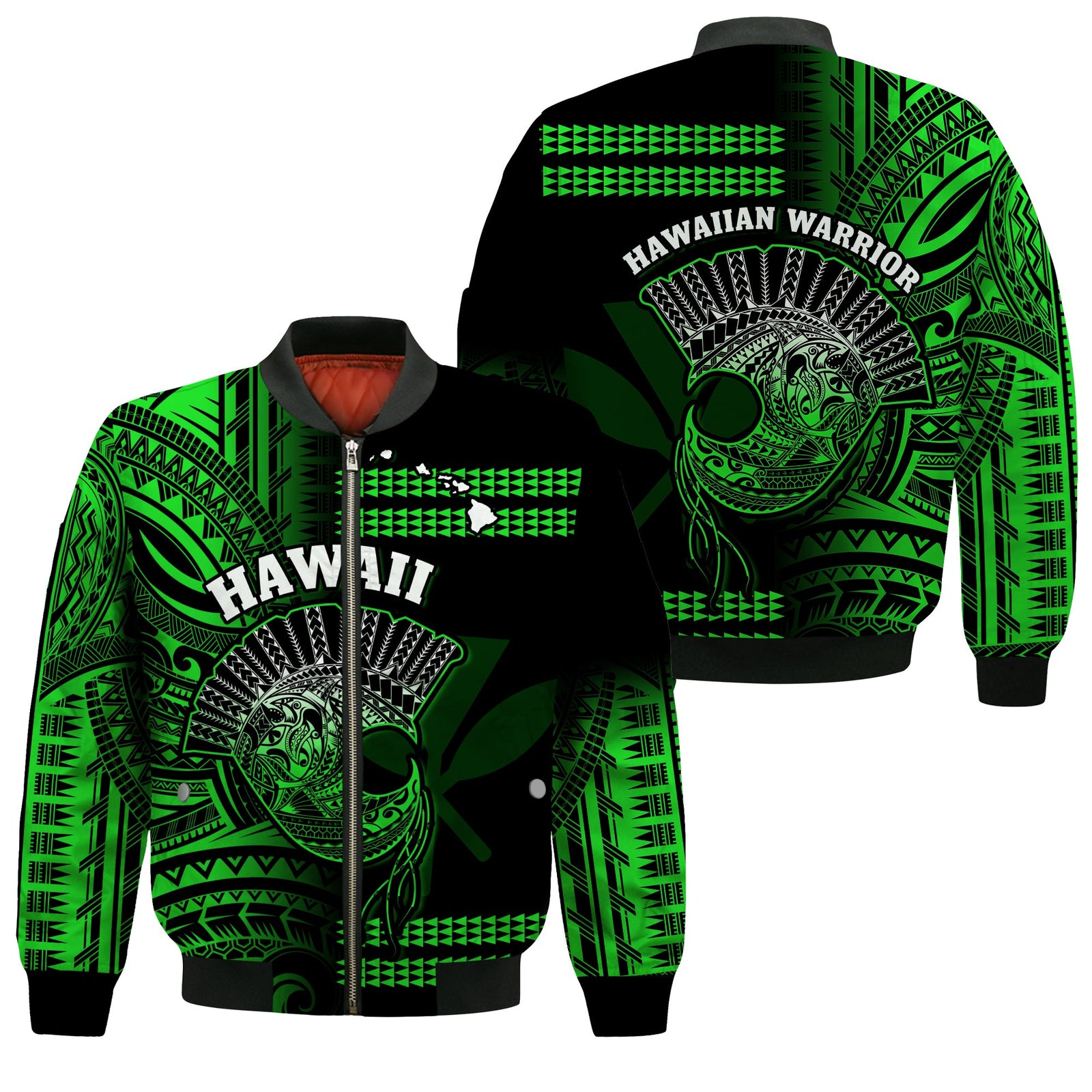 Hawaii Bomber Jacket Kakau Warrior Helmet Gradient Green Polynesian LT14 Unisex Green - Polynesian Pride