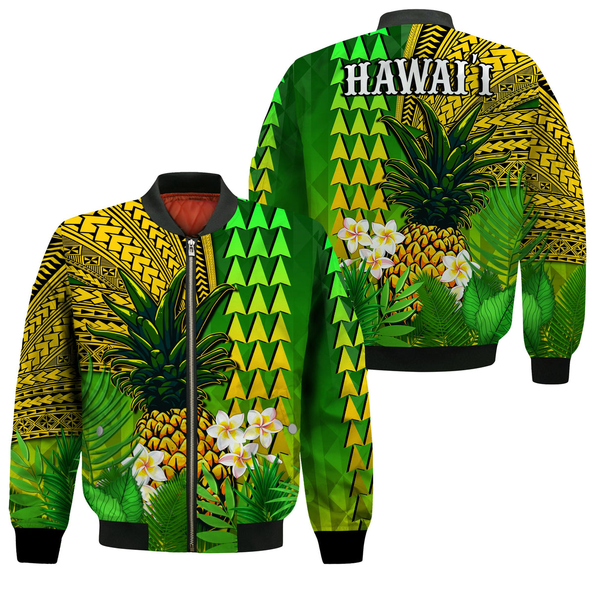 Hawaii Pineapple Bomber Jacket Plumeria Frangipani Mix Tribal Pattern LT13 Unisex Green - Polynesian Pride