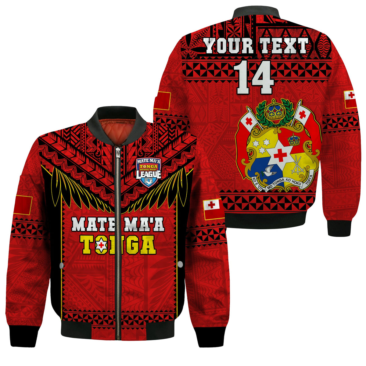 (Custom Text And Number) Tonga Rugby Bomber Jacket Mate Maa Tonga Pacific Ngatu Black LT14 Unisex Red - Polynesian Pride