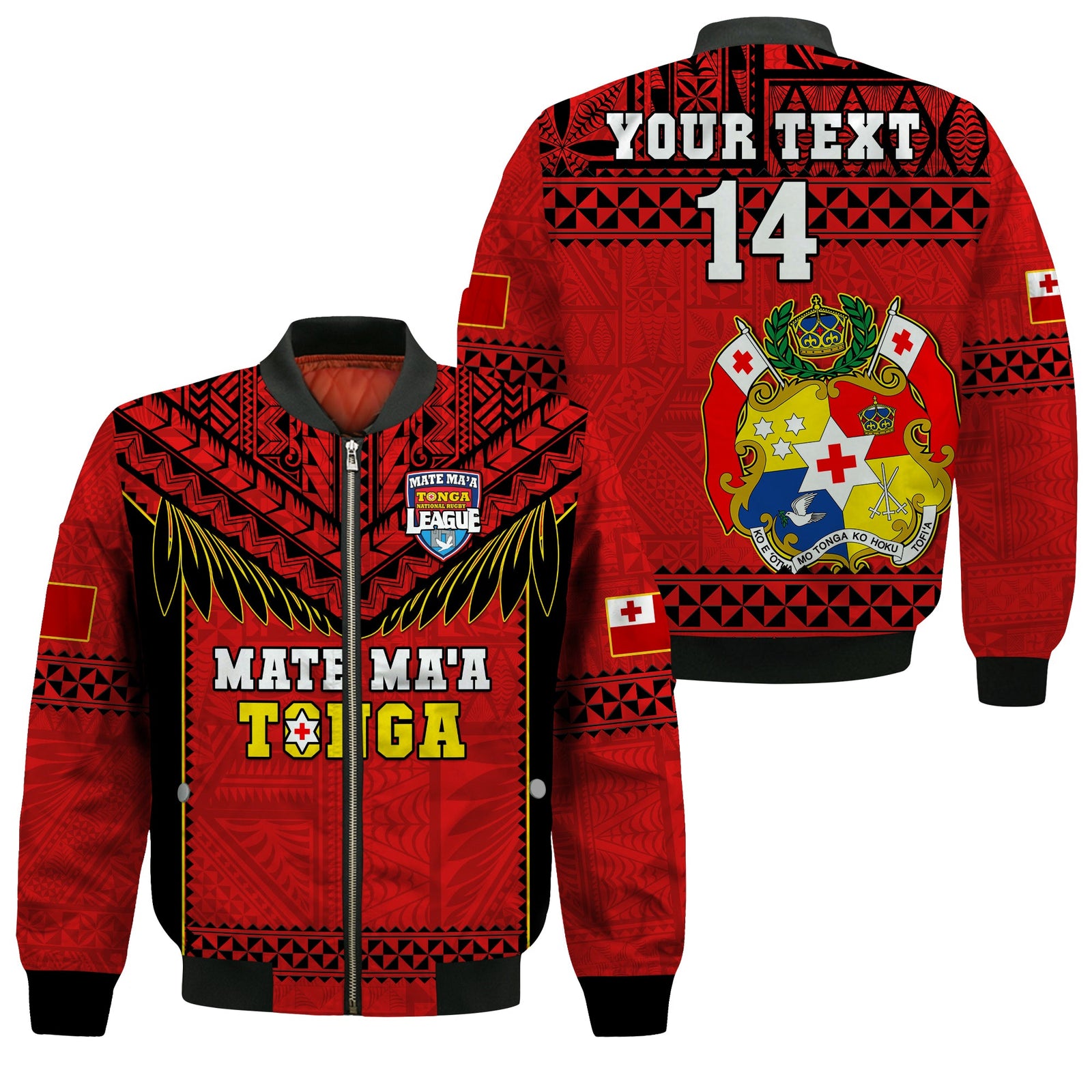 (Custom Text And Number) Tonga Rugby Bomber Jacket Mate Maa Tonga Pacific Ngatu Black LT14 Unisex Red - Polynesian Pride