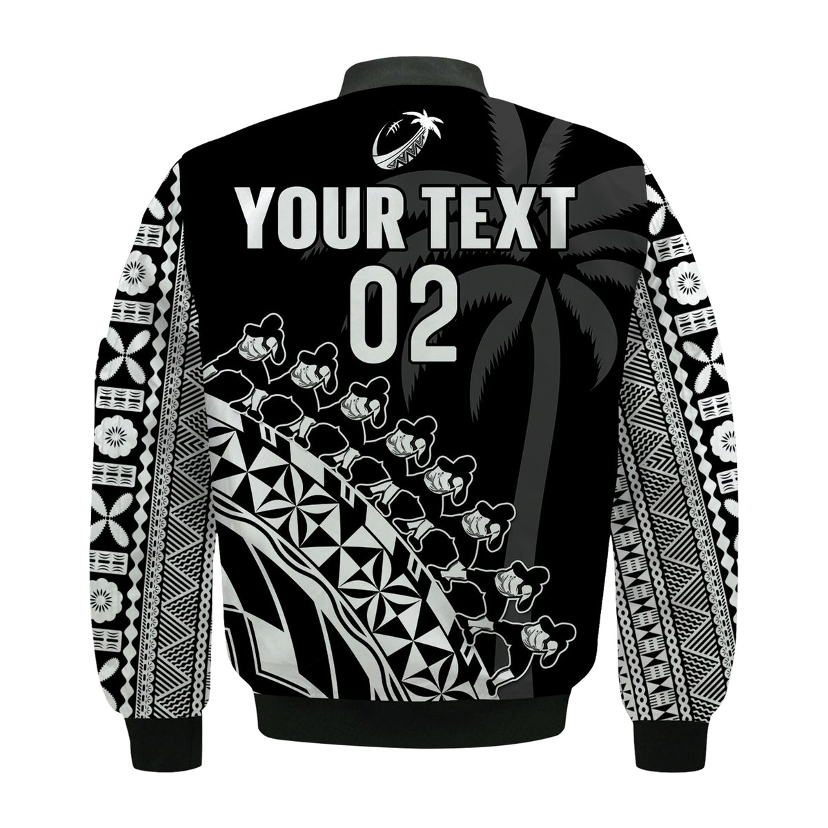 (Custom Text And Number) Fiji Rugby Bomber Jacket Fijian Cibi Dance Tapa Pattern Black LT14 - Polynesian Pride