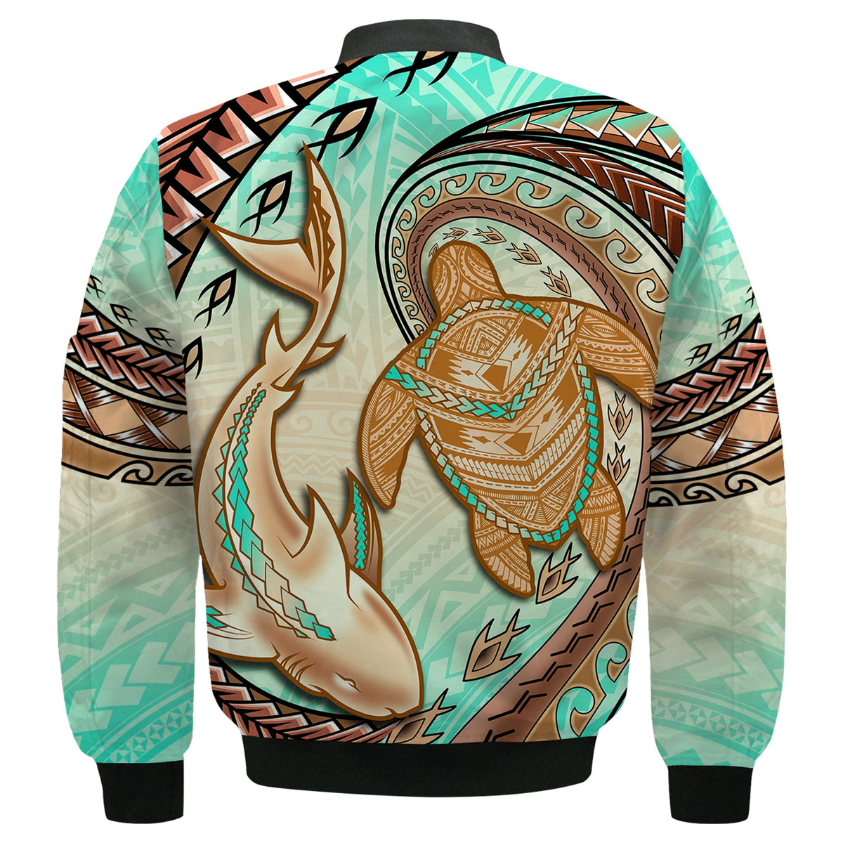 Hawaii Bomber Jacket Polynesian Shark And Sea Turtle Dreamy Turquoise Artsy LT14 - Polynesian Pride