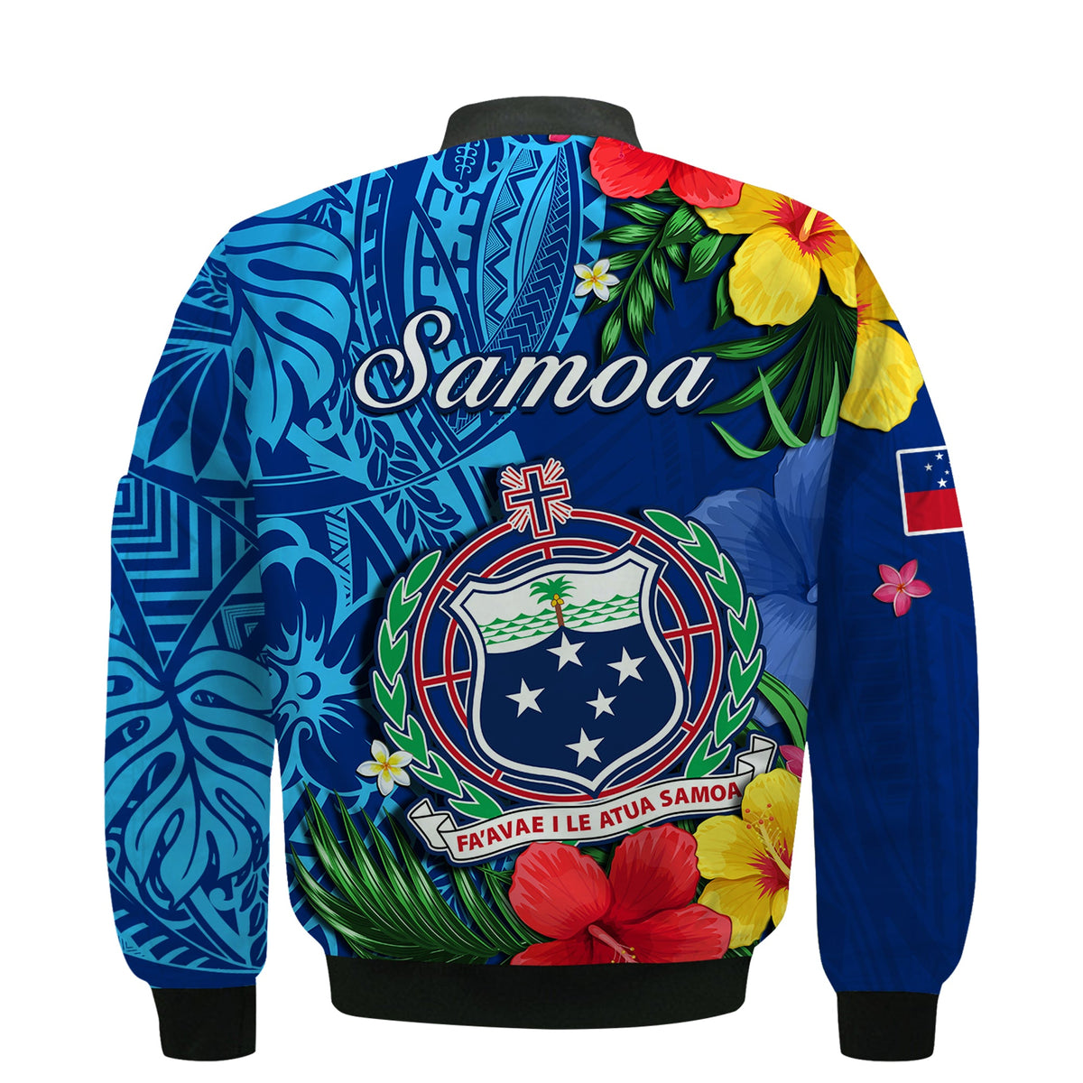 Samoa Bomber Jacket Coat Of Arms Mix Tropical Flowers LT14 - Polynesian Pride