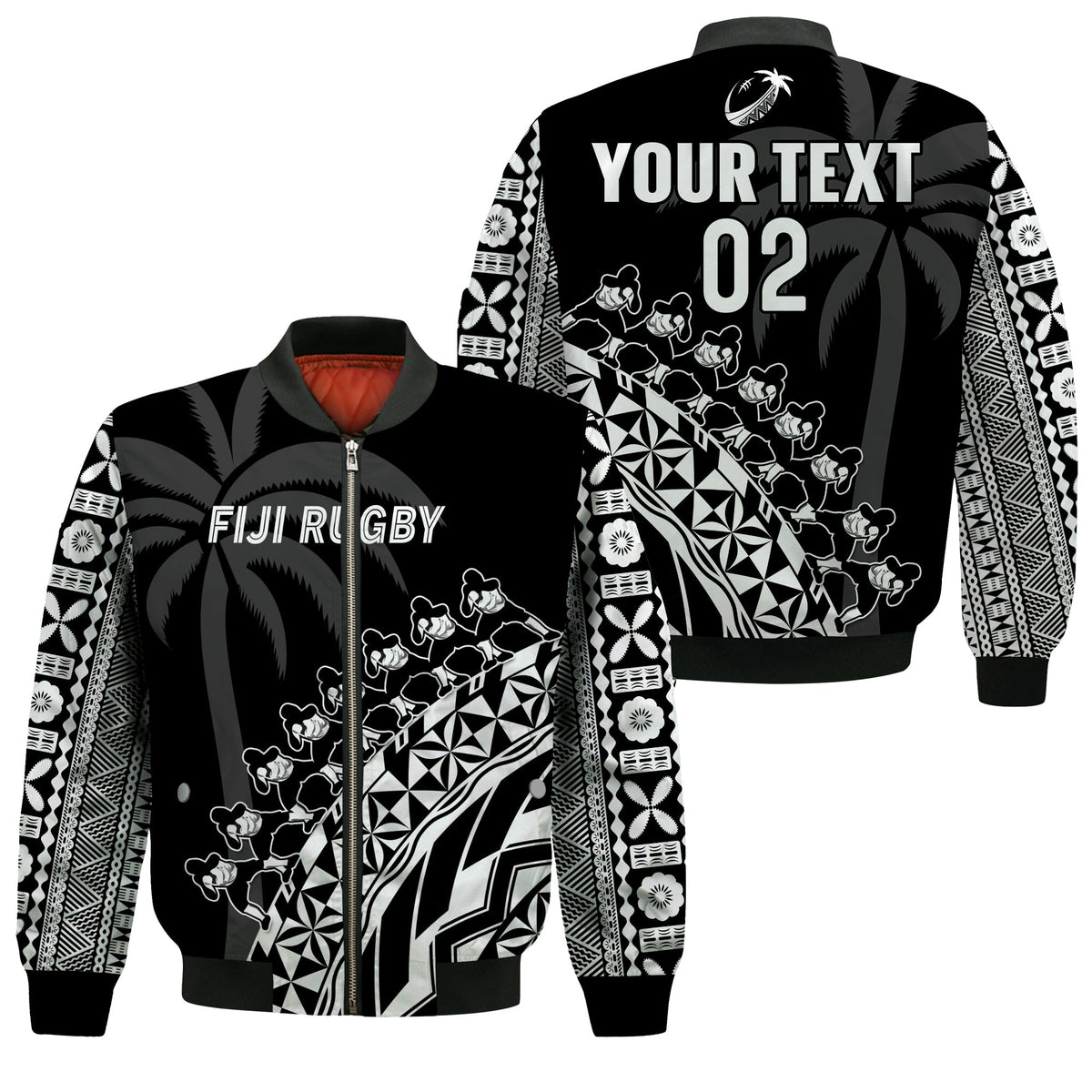 (Custom Text And Number) Fiji Rugby Bomber Jacket Fijian Cibi Dance Tapa Pattern Black LT14 Unisex Black - Polynesian Pride