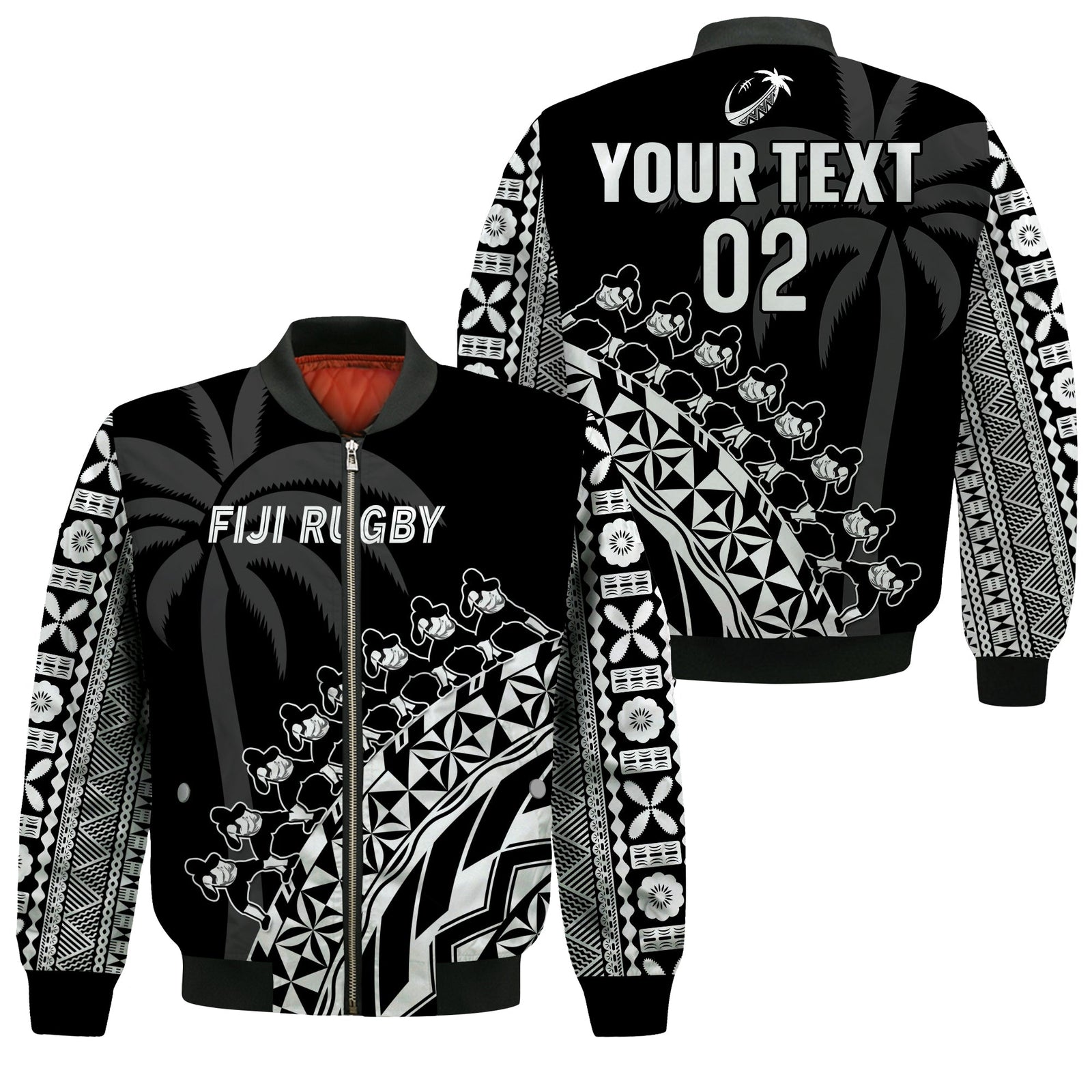 (Custom Text And Number) Fiji Rugby Bomber Jacket Fijian Cibi Dance Tapa Pattern Black LT14 Unisex Black - Polynesian Pride