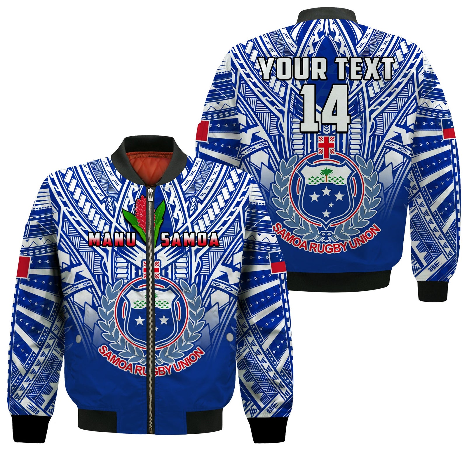 (Custom Text And Number) Samoa Rugby Bomber Jacket Manu Samoa 7s Ginger Blue Polynesian LT14 Unisex Blue - Polynesian Pride