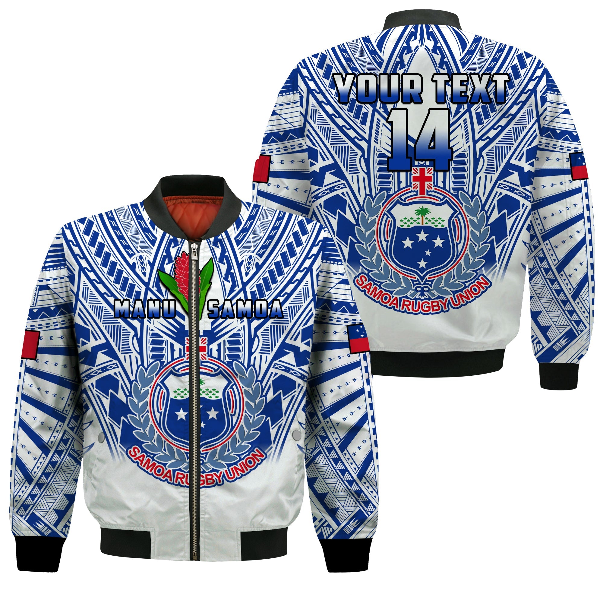 (Custom Text And Number) Samoa Rugby Bomber Jacket Manu Samoa 7s Ginger White Polynesian LT14 Unisex White - Polynesian Pride