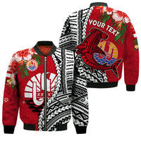 (Custom Personalised) Tahiti Islands Bomber Jacket Polynesian Shark Mix Tropical Flowers LT14 Unisex Red - Polynesian Pride