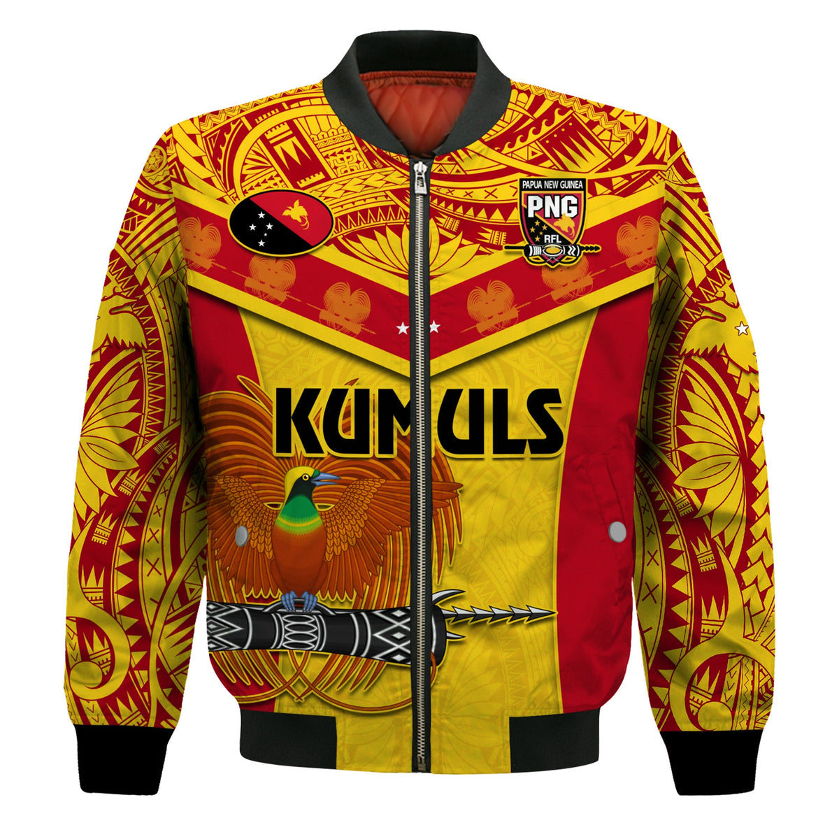 Papua New Guinea Rugby Bomber Jacket PNG Kumuls Bird Of Paradise Yellow LT14 - Polynesian Pride