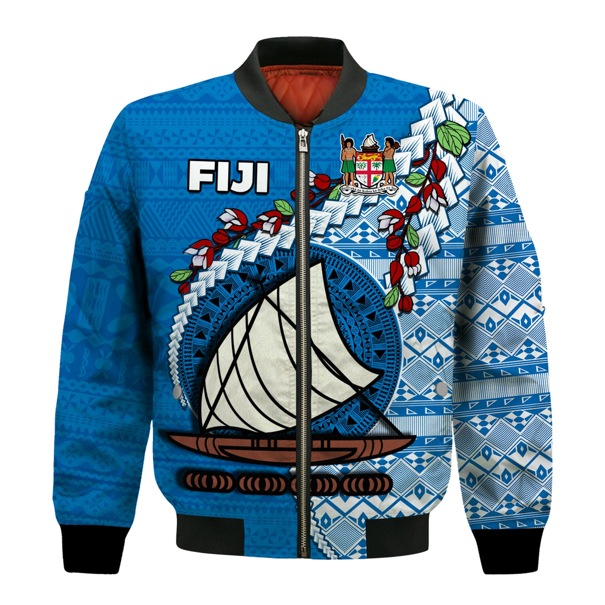 Fiji Bomber Jacket Fijian Drua Mix Tagimaucia Flower Blue Style LT14 - Polynesian Pride