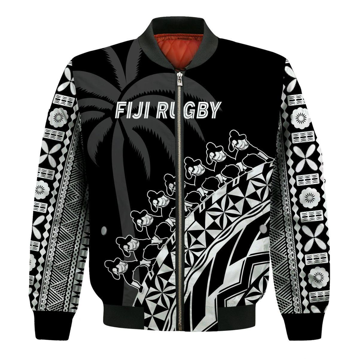 (Custom Text And Number) Fiji Rugby Bomber Jacket Fijian Cibi Dance Tapa Pattern Black LT14 - Polynesian Pride