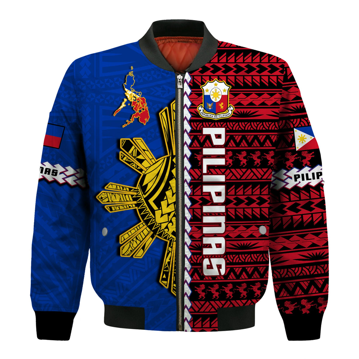 Philippines Bomber Jacket Pilipinas Sun Mix Polynesian Pattern LT14 - Polynesian Pride