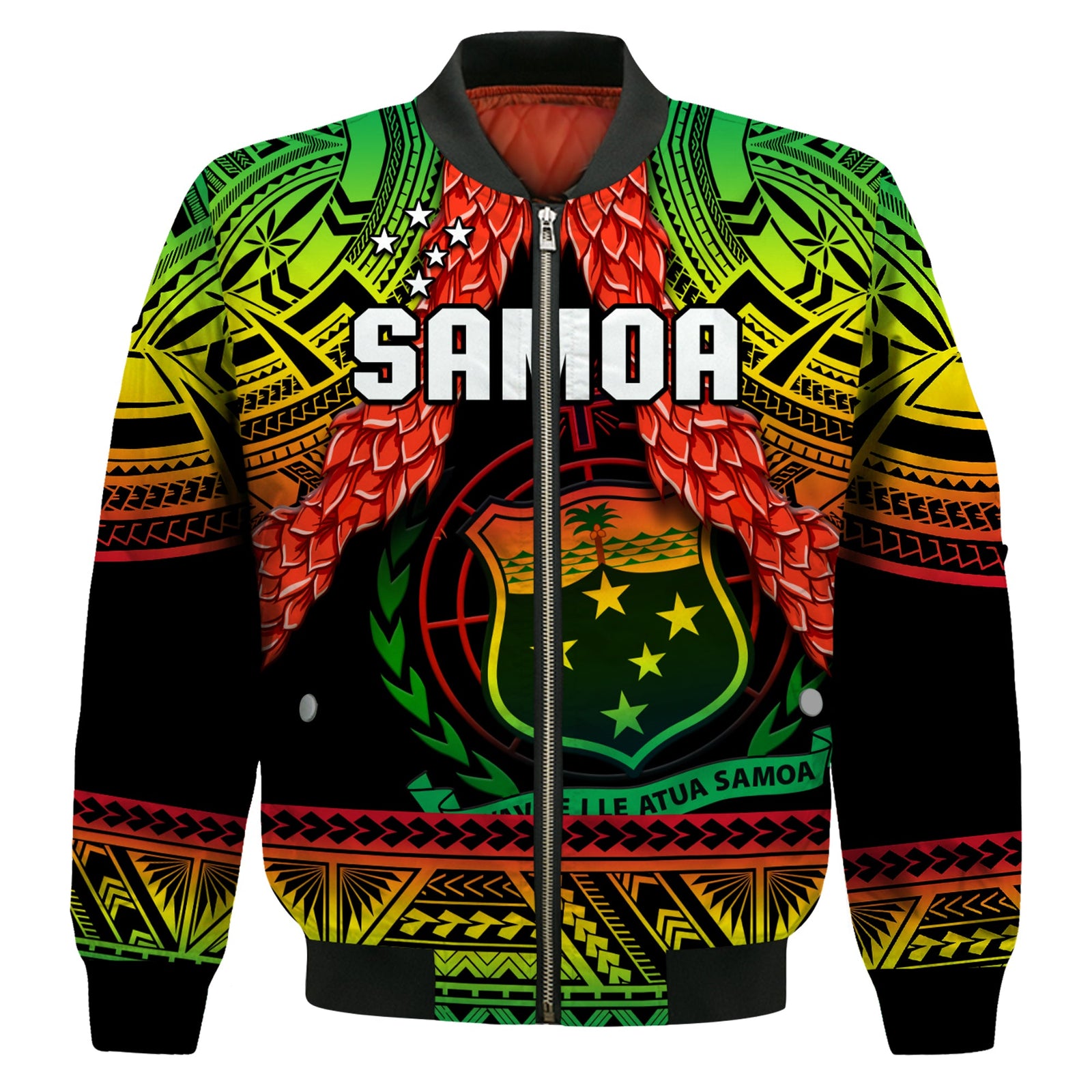 Samoa Rugby Bomber Jacket Teuila Torch Ginger Gradient Style LT14 Unisex Black - Polynesian Pride