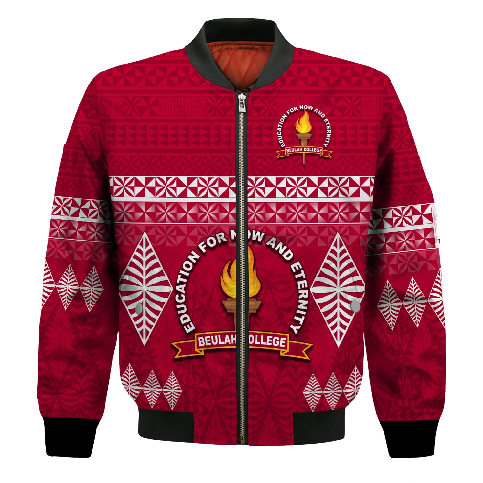 Beulah College Bomber Jacket Ngatu Pattern Tonga LT13 Unisex Maroon - Polynesian Pride
