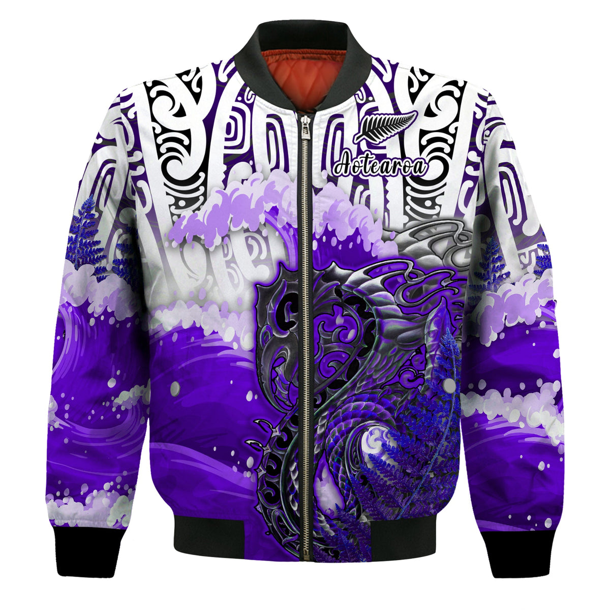 (Custom Personalised) Manaia Maori Bomber Jacket Fern Aotearoa Purple Waves LT13 Unisex Purple - Polynesian Pride