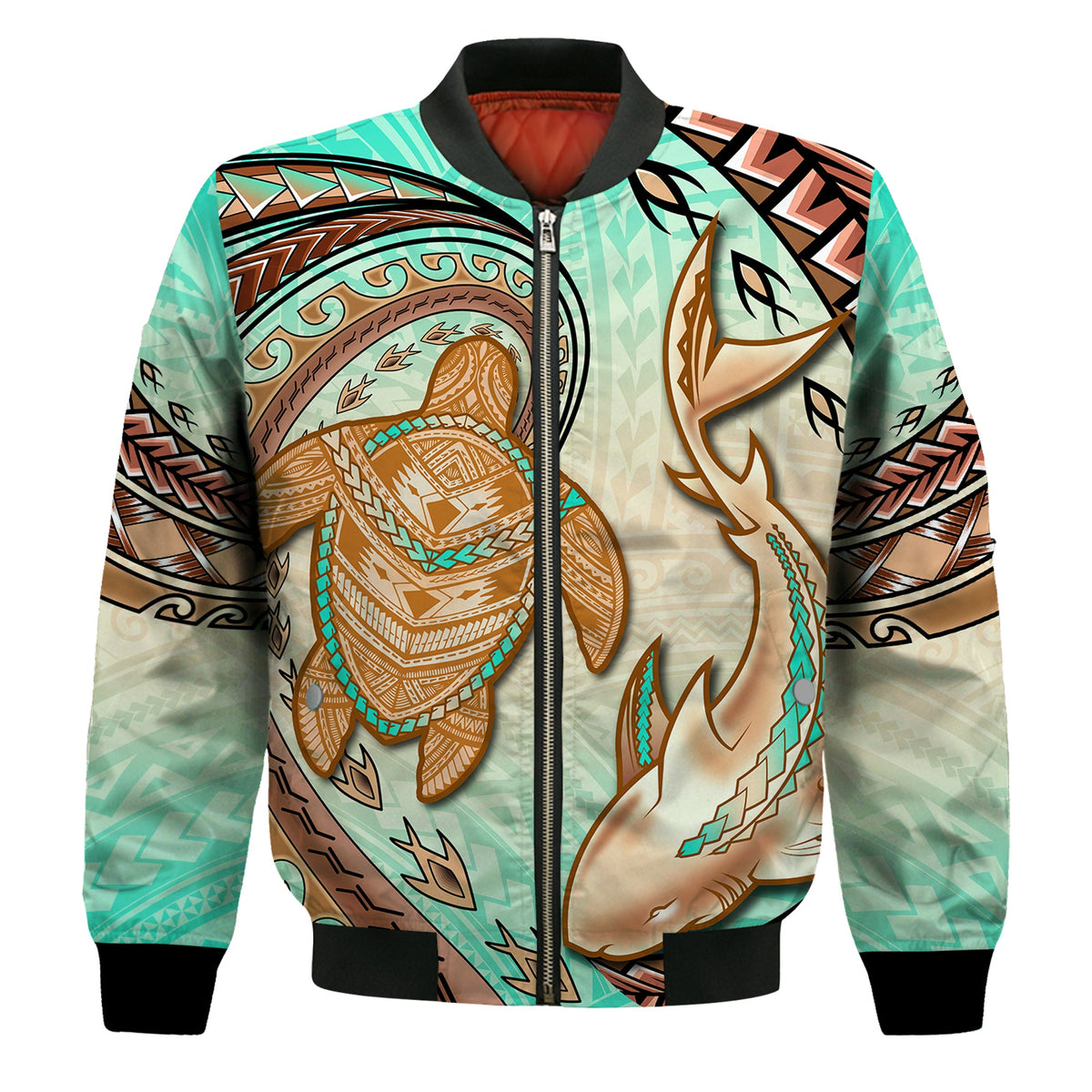 Hawaii Bomber Jacket Polynesian Shark And Sea Turtle Dreamy Turquoise Artsy LT14 Unisex Turquoise - Polynesian Pride