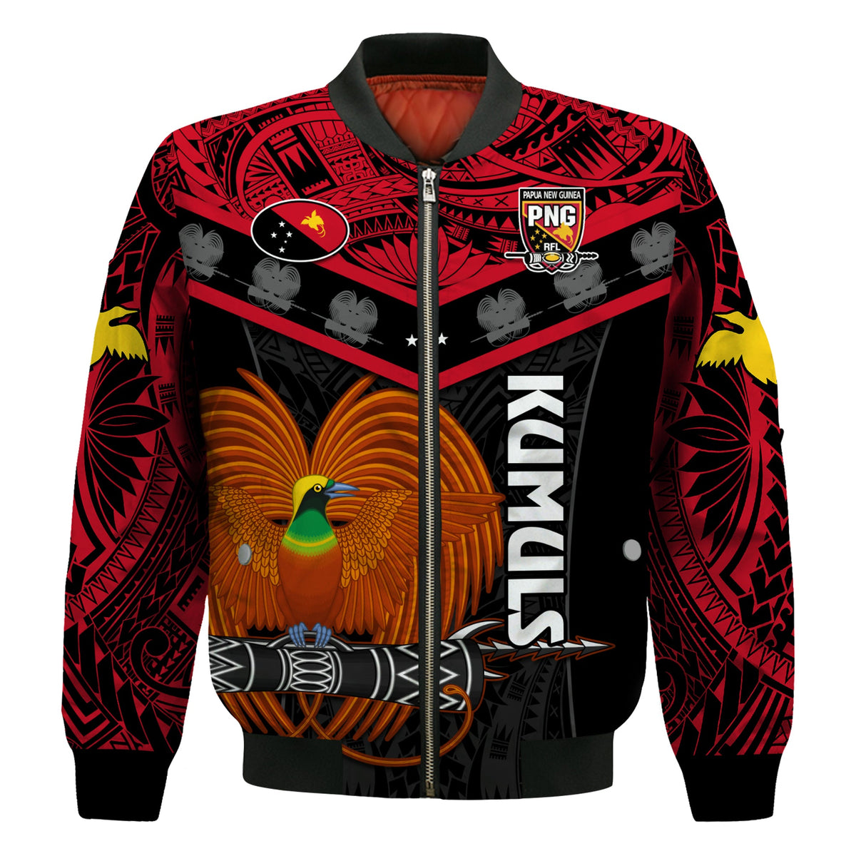 (Custom Text And Number) Papua New Guinea Rugby Bomber Jacket PNG Kumuls Bird Of Paradise Black LT14 - Polynesian Pride