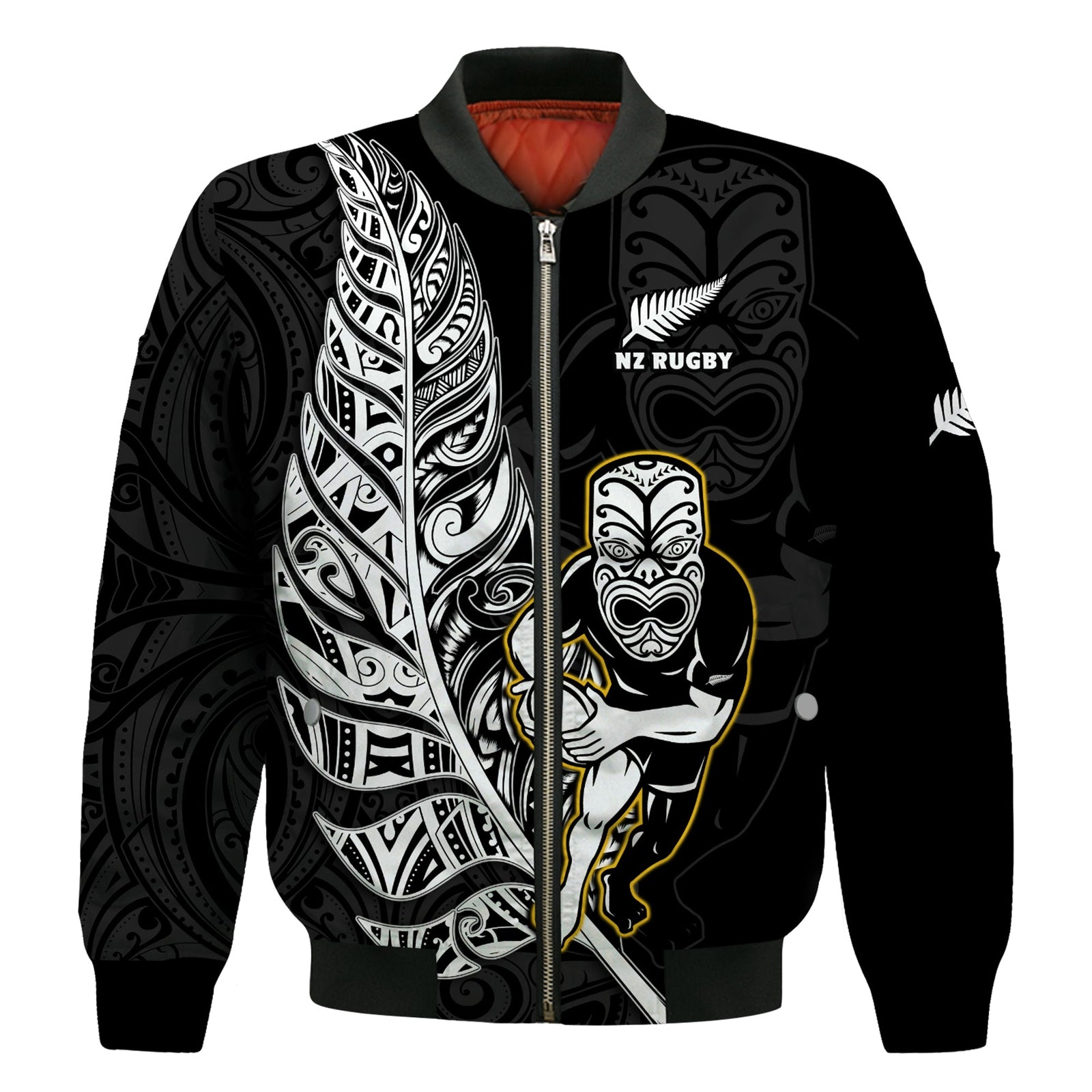 New Zealand Silver Fern Rugby Bomber Jacket All Black Maori Version Black LT14 Unisex Black - Polynesian Pride